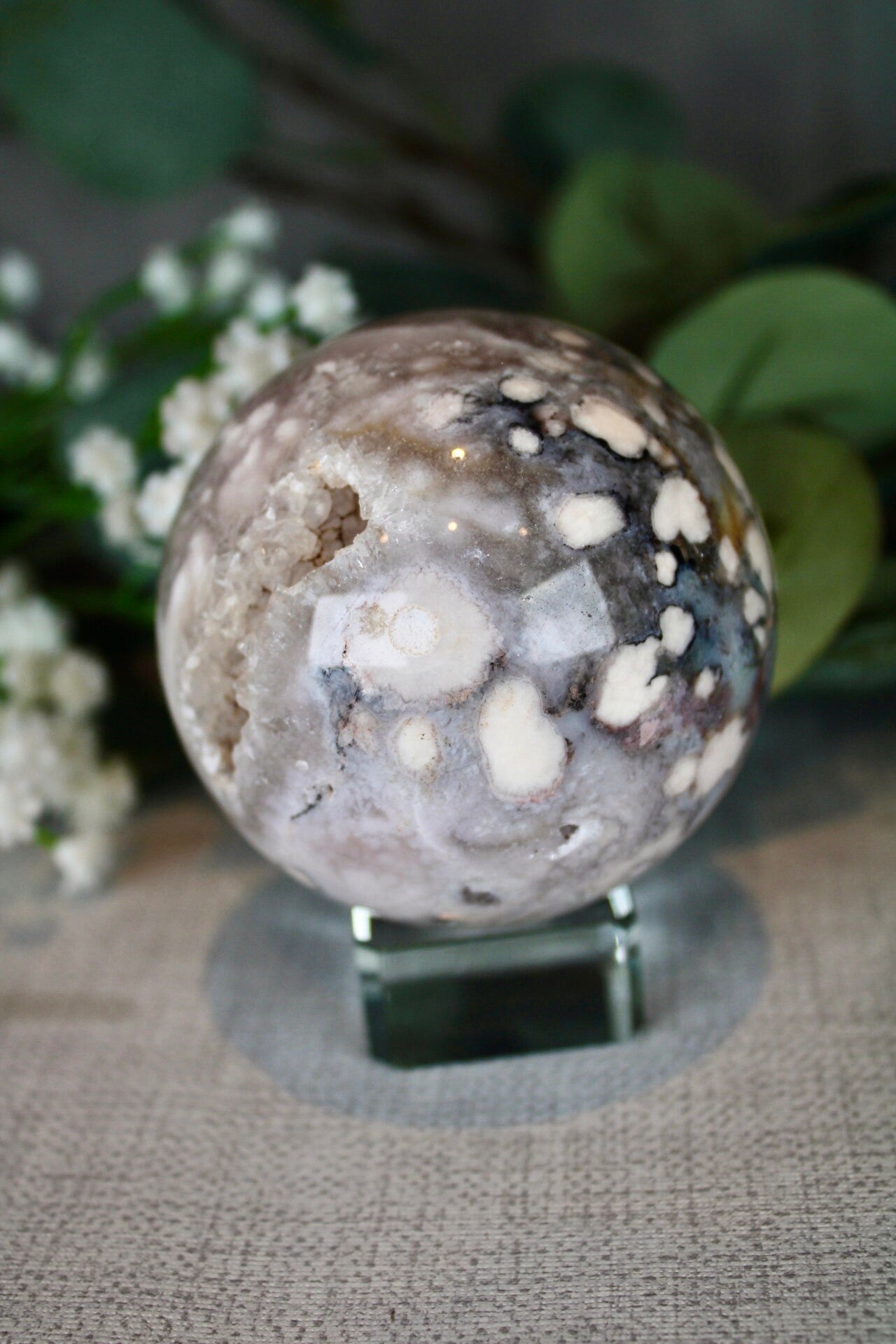 Blue flower agate x chlorite quartz sphere 495g 7cm