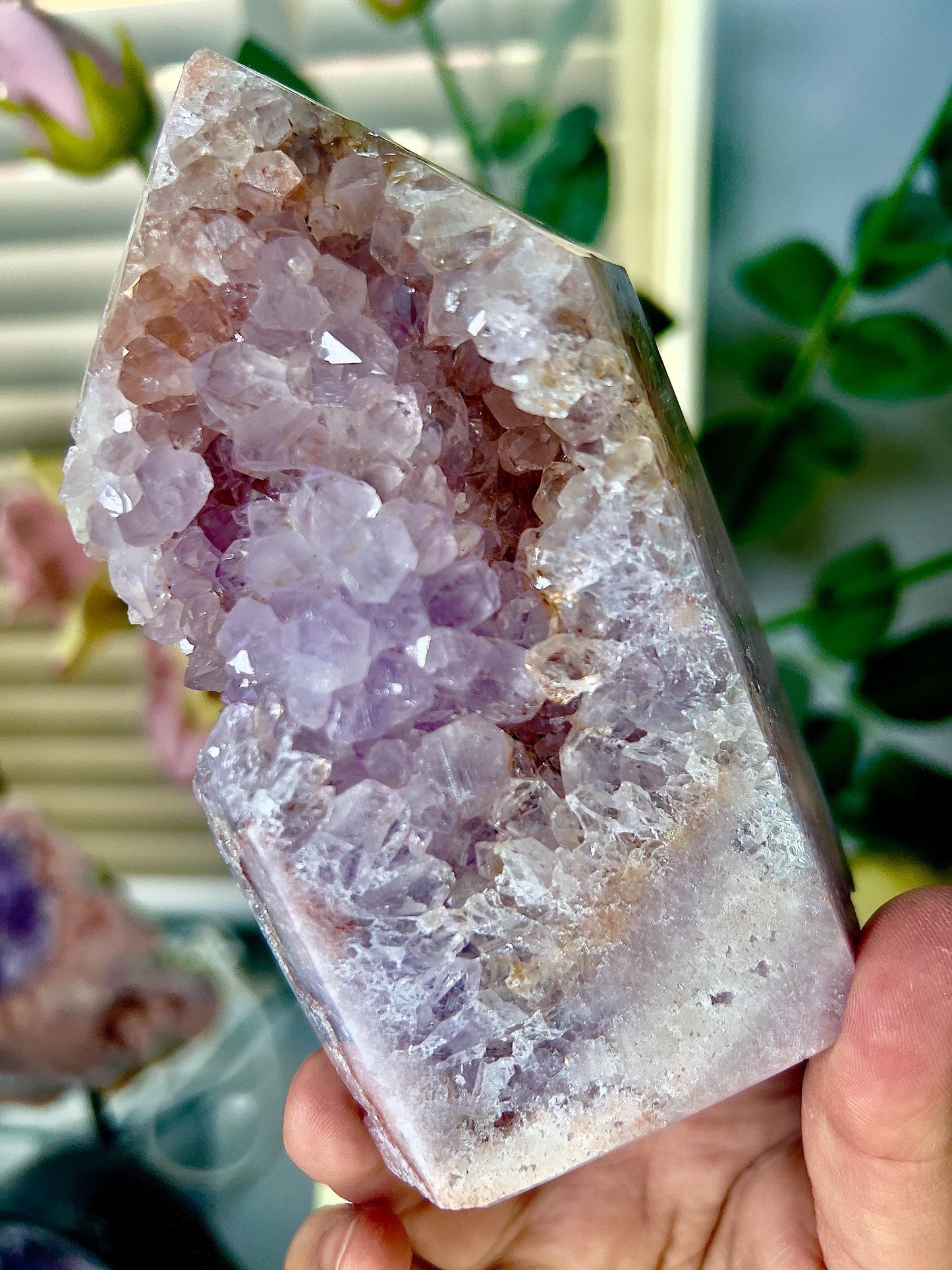 pink amethyst, Chonky with quartz druzy tower 640g