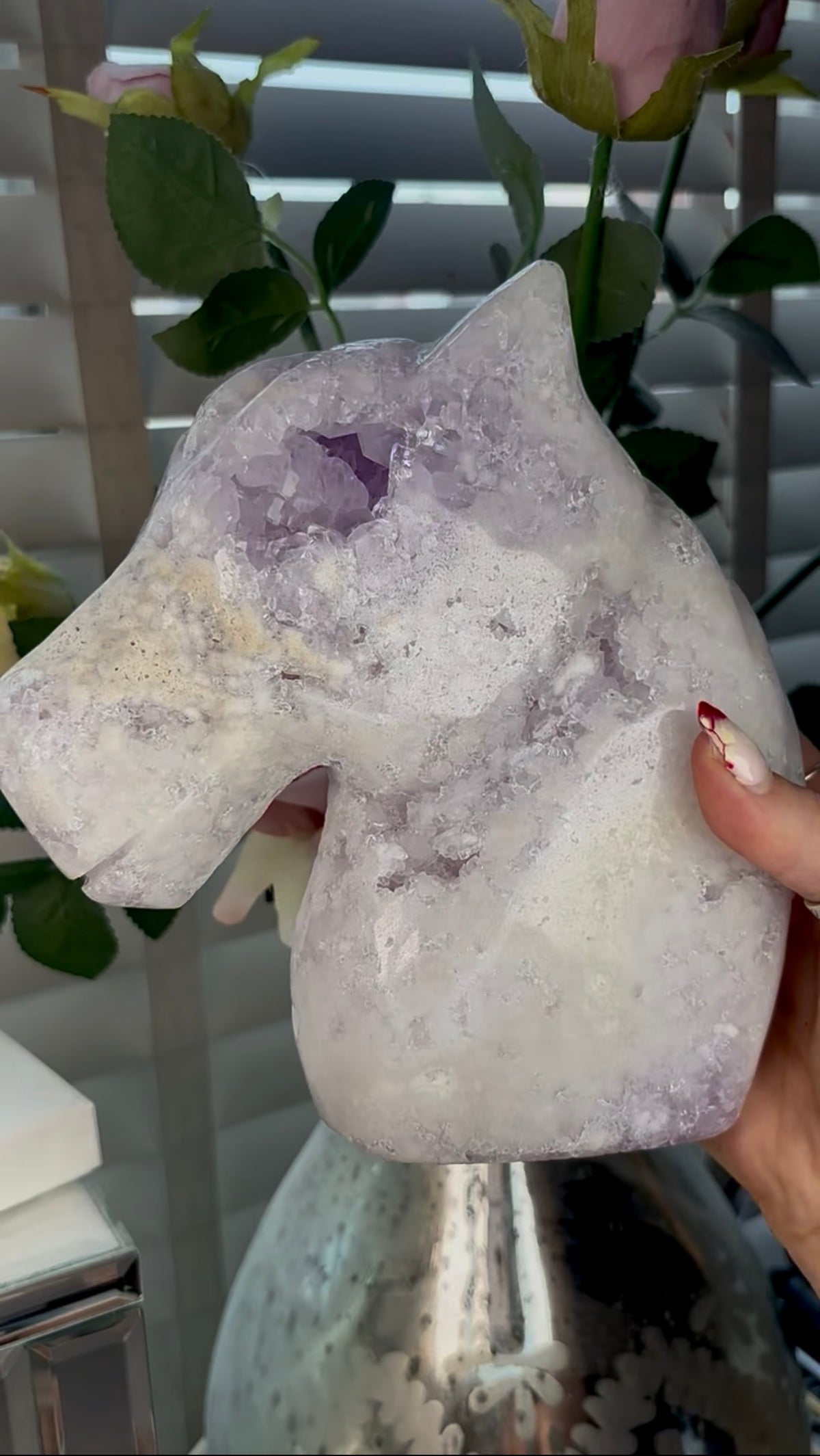 High grade, large, pink amethyst horse carving