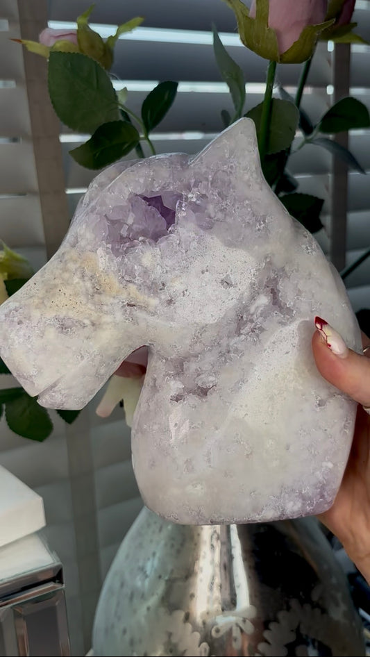 High grade, large, pink amethyst horse carving