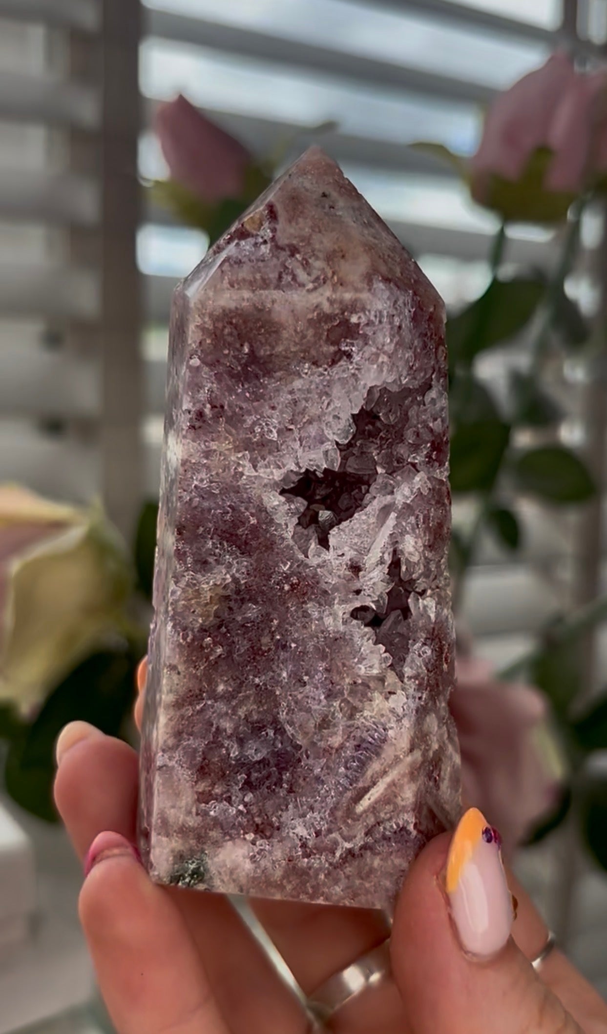 Pretty, Pink amethyst tower with Druzy & green Jasper
