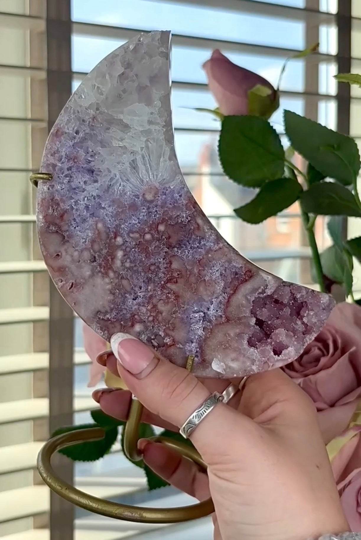 High grade, pink amethyst moon with quartz - comes with stand