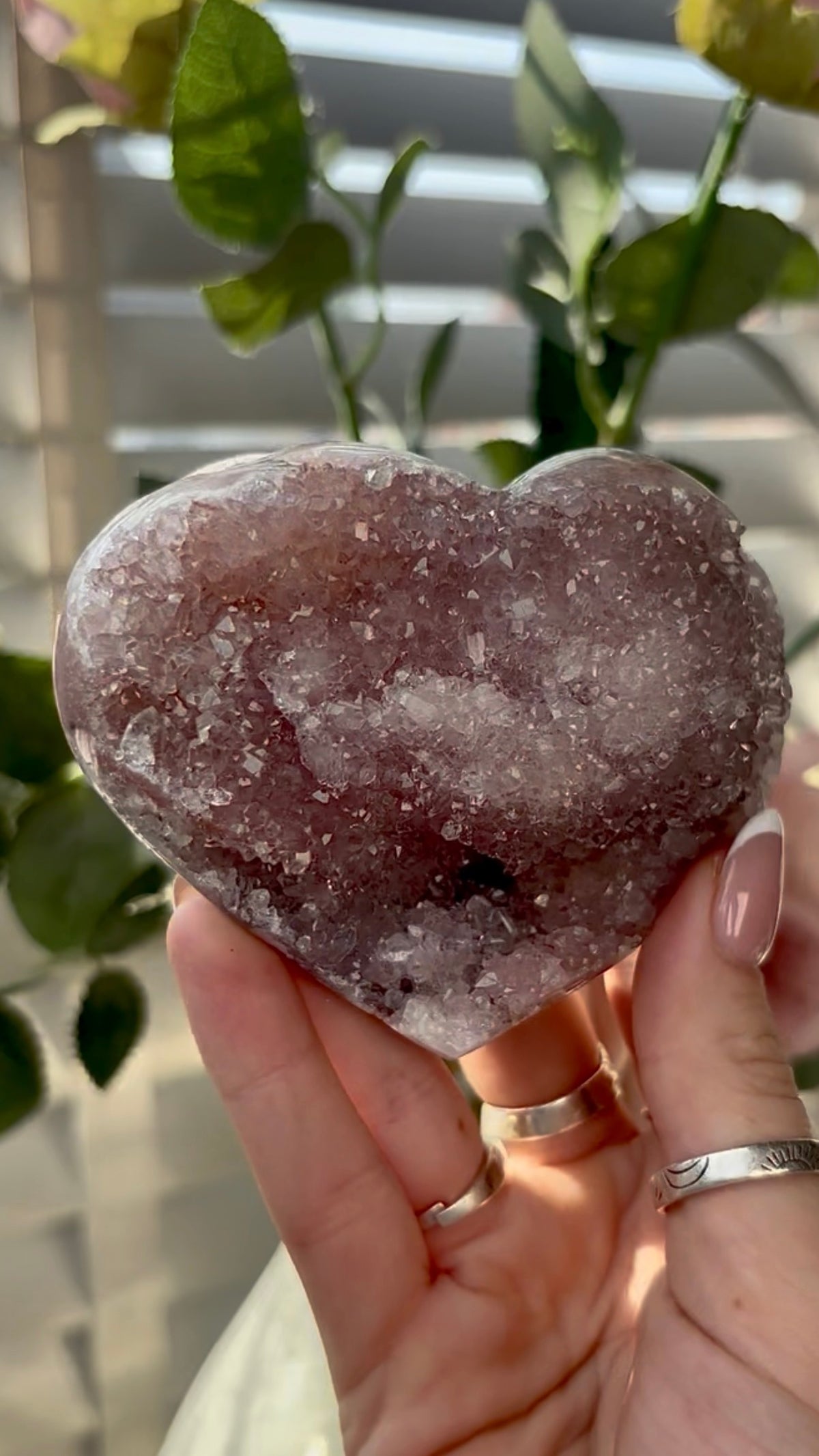 Gorgeous, hq, druzy pink amethyst heart- comes with stand