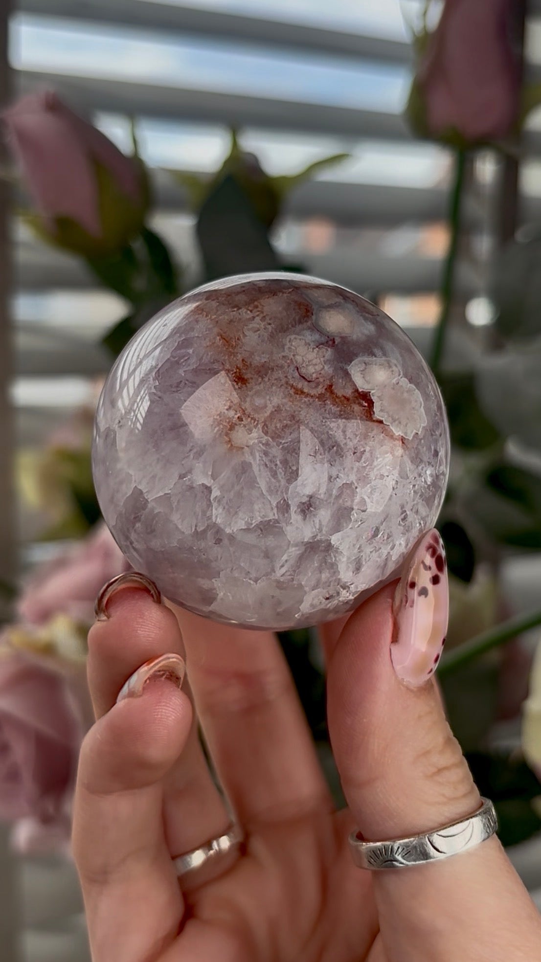 High grade, amethyst Flower agate sphere with high clarity quartz - 5.5cm