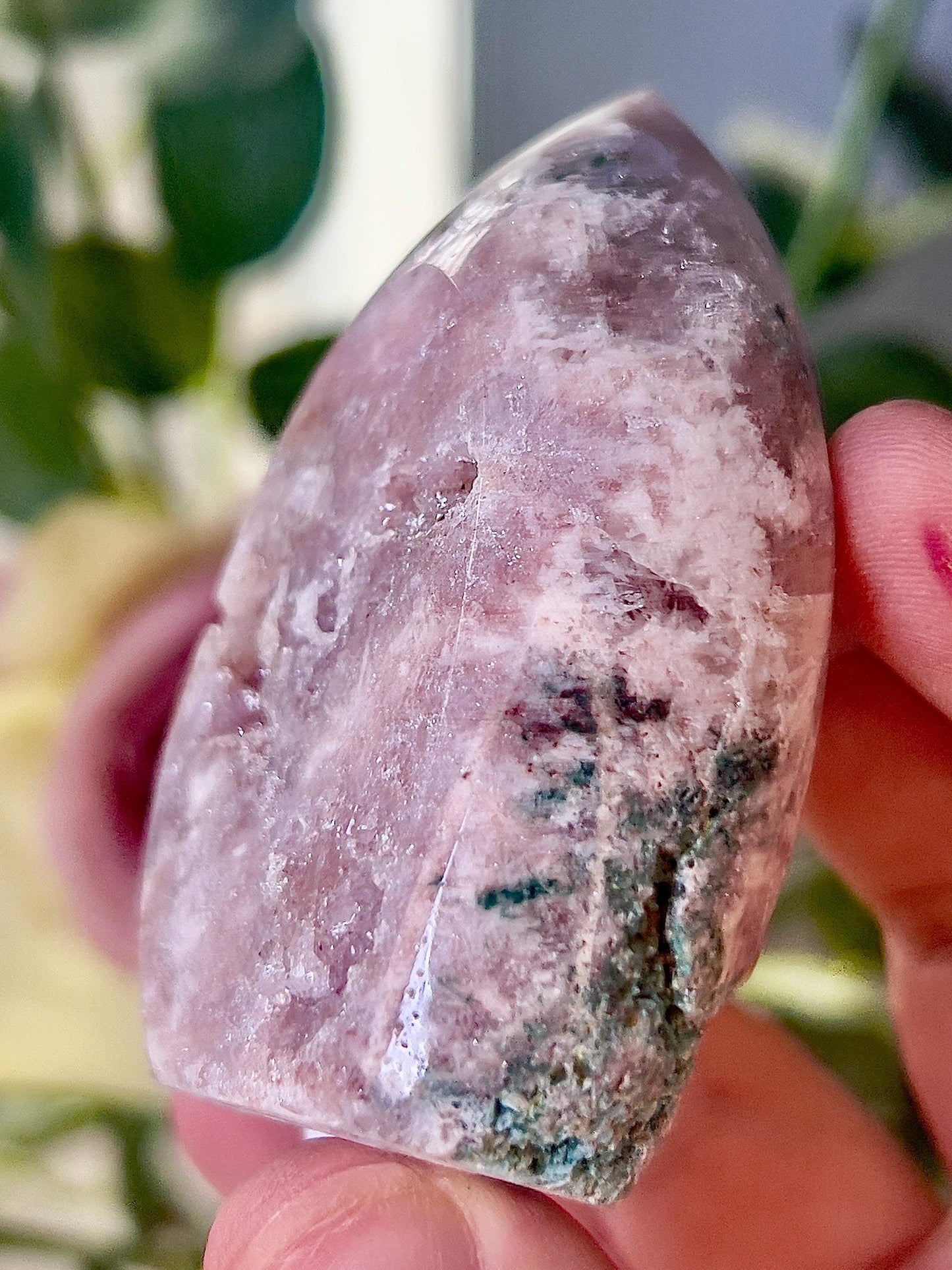 High grade, pink amethyst flame with green jasper