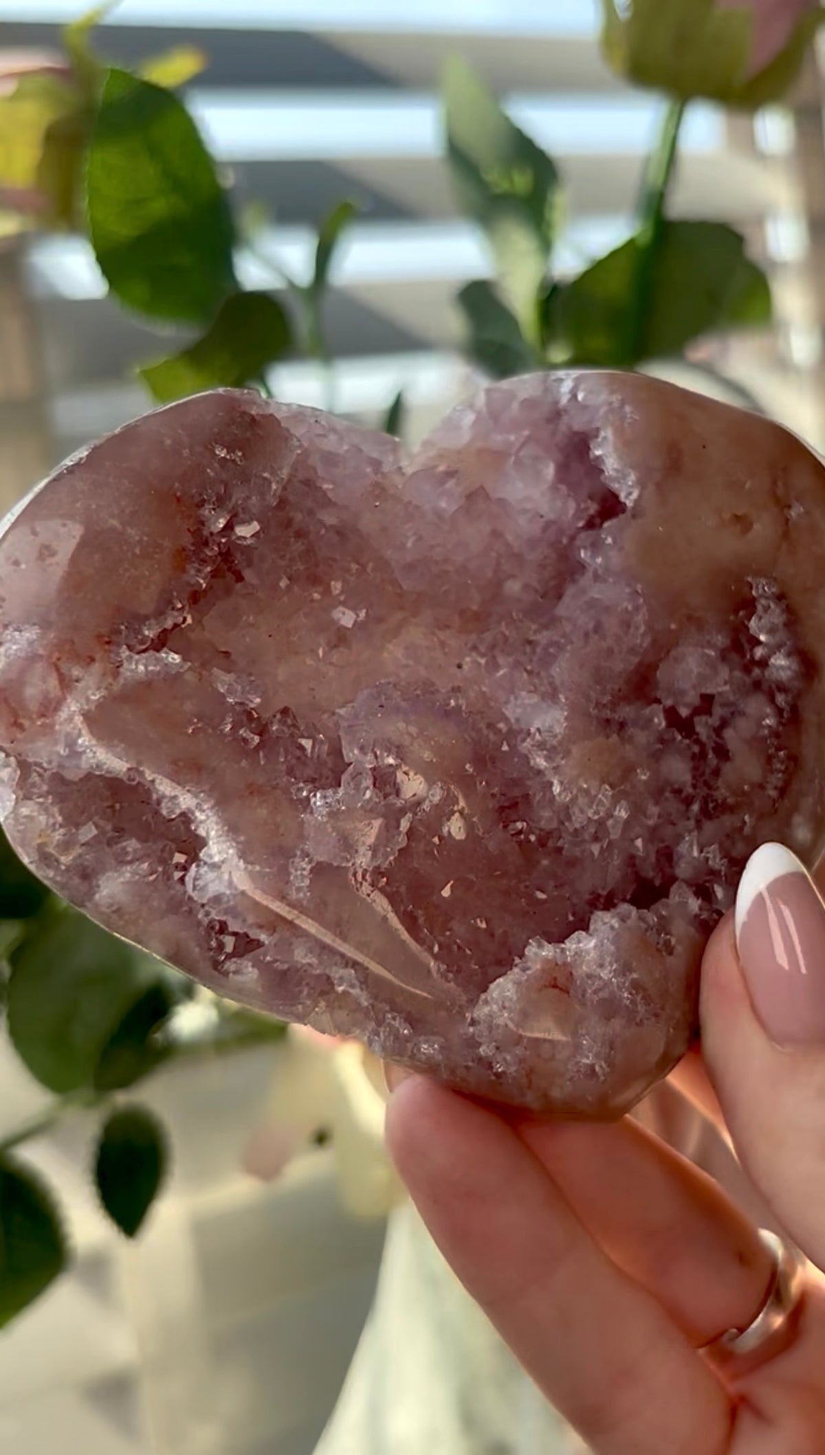 Gorgeous, hq, druzy pink amethyst heart- comes with stand