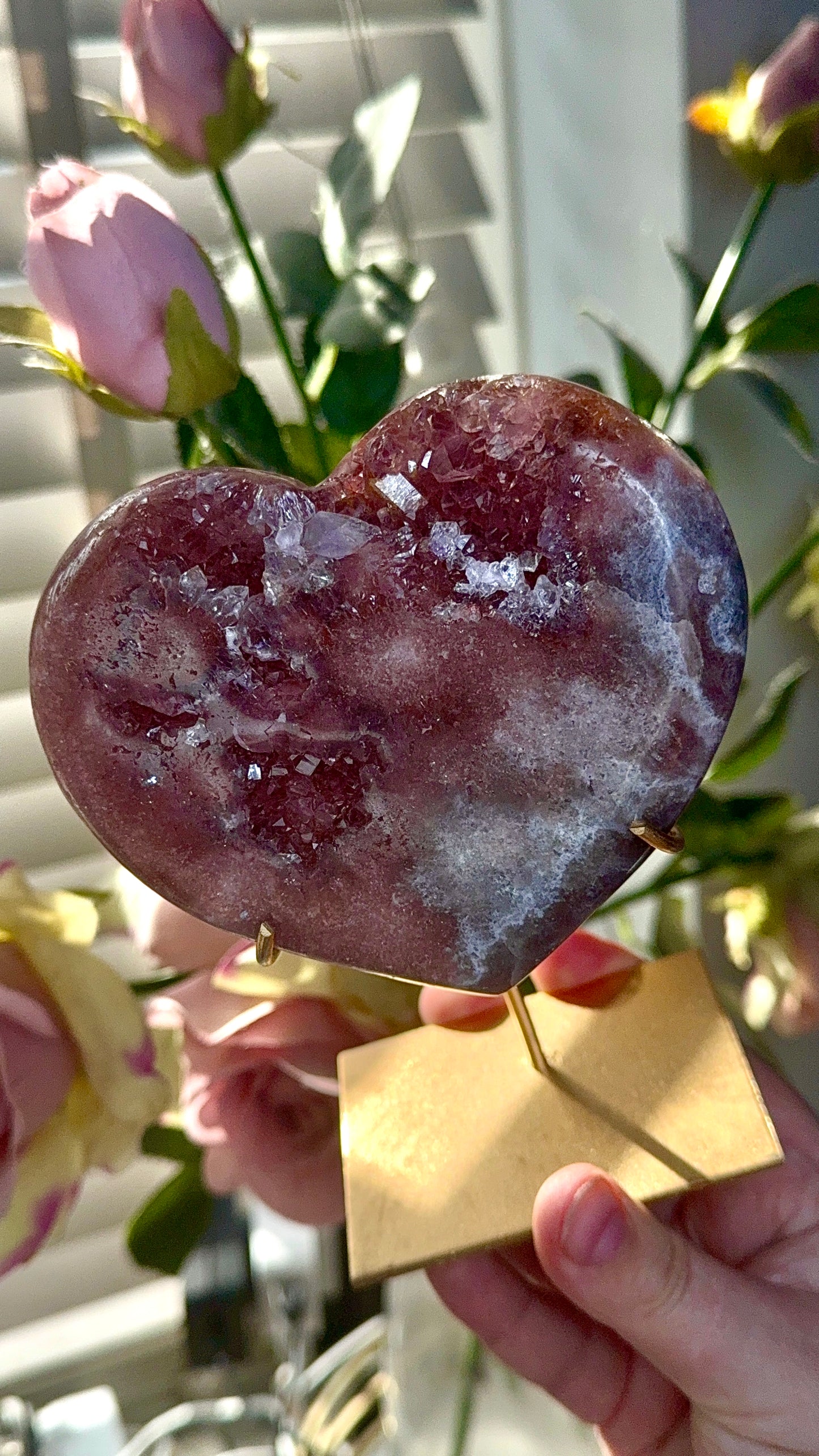 Hq pink amethyst heart in red tones - comes with stand