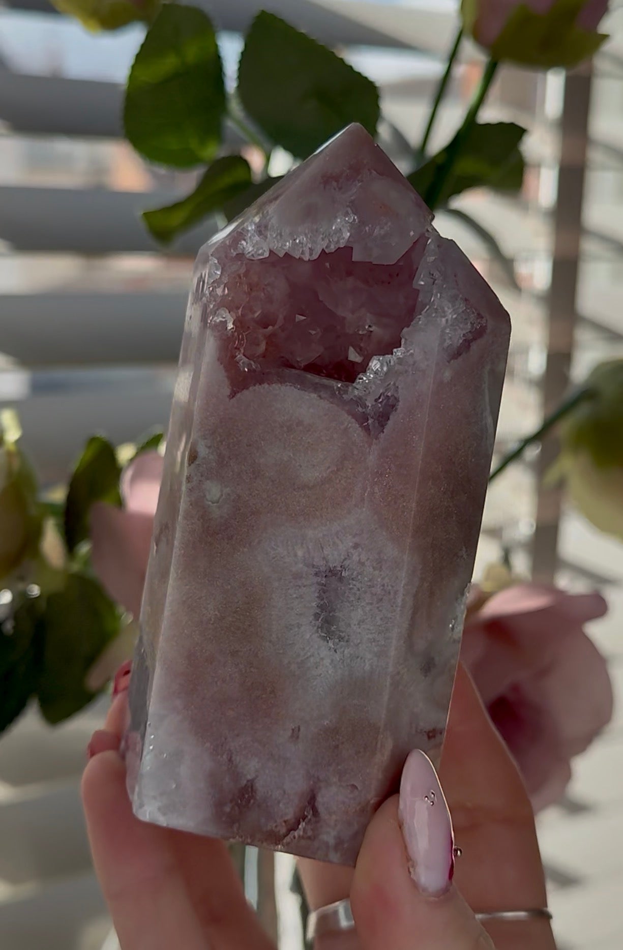 Pink amethyst tower with quartz 12cm(h) 6cm(w)