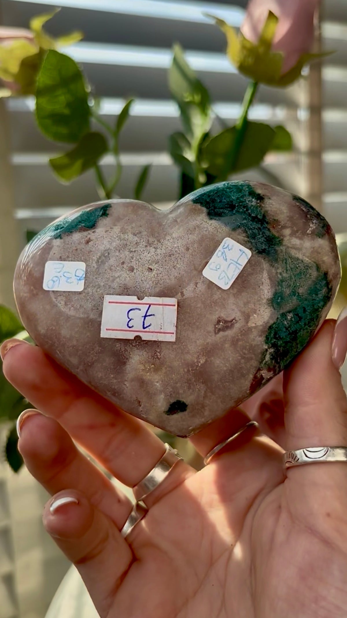 Gorgeous, pink amethyst  heart with Jasper -comes with stand
