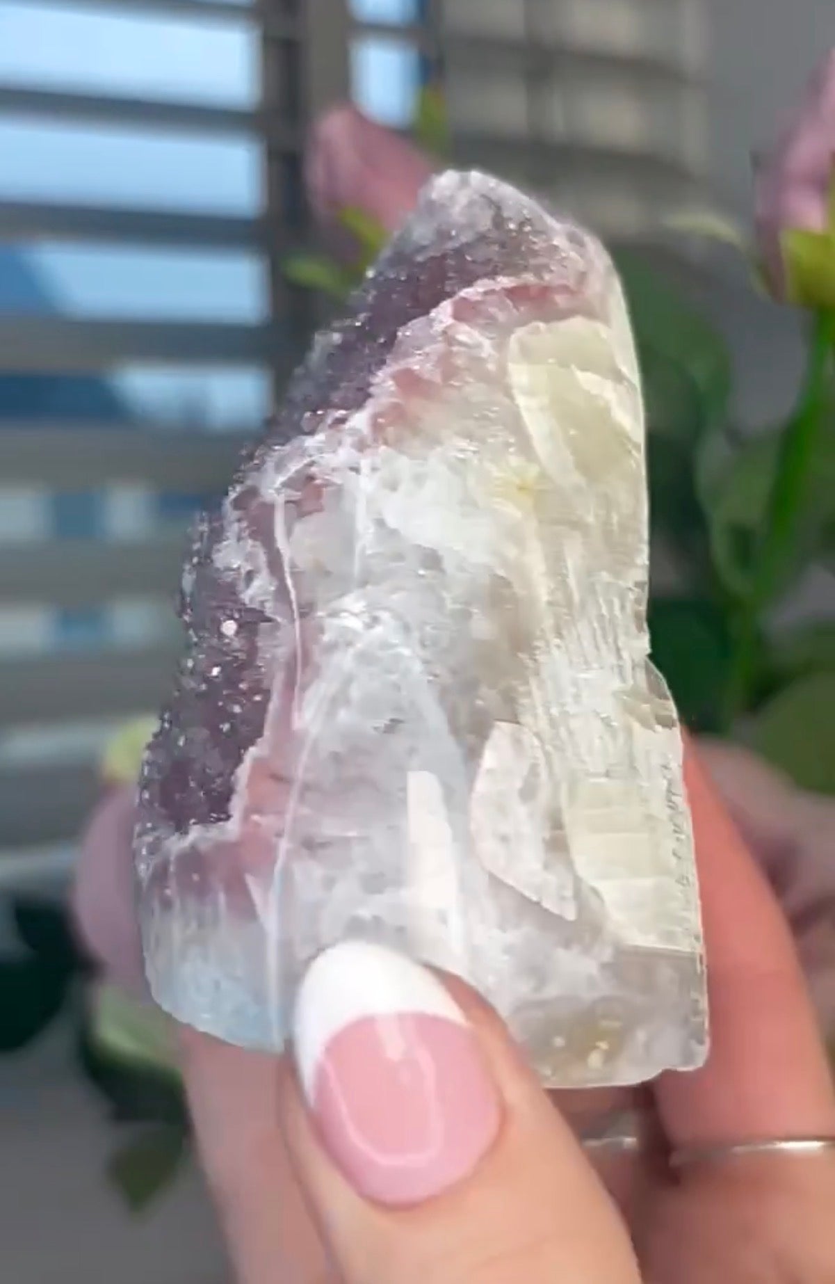 Pink Rainbow amethyst cutbase with a calcite base