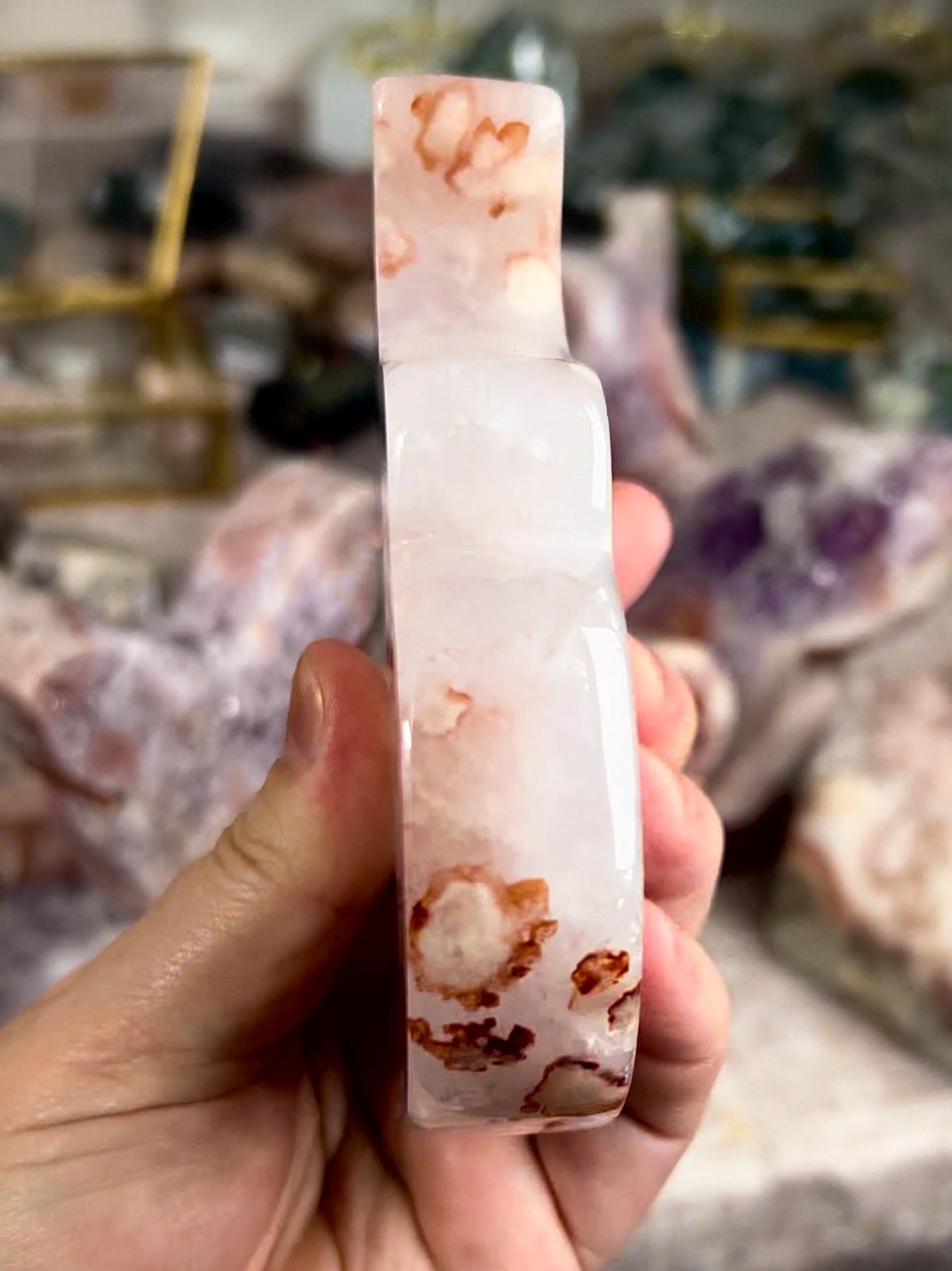 High grade, pink flower agate with high grade, quartz, freestanding, elephant