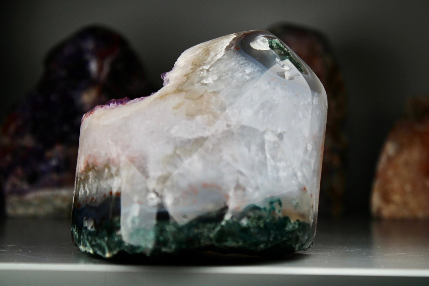 Incredible, berry, pink amethyst, agate, freeform withy quartz that is full of rainbows and moss agate, green jasper