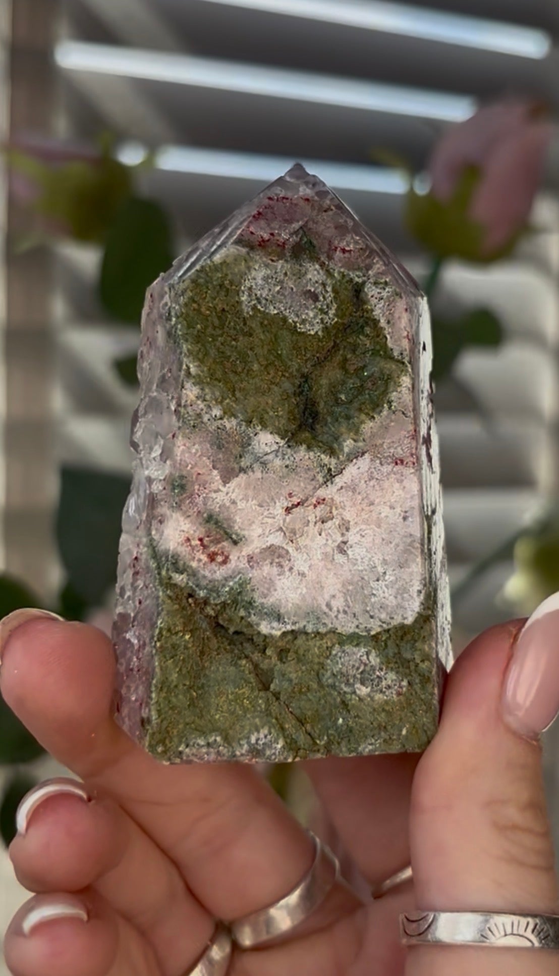 Beautiful, chunky Pink amethyst tower with purple quartz 8cm(h) by 5cm(w)