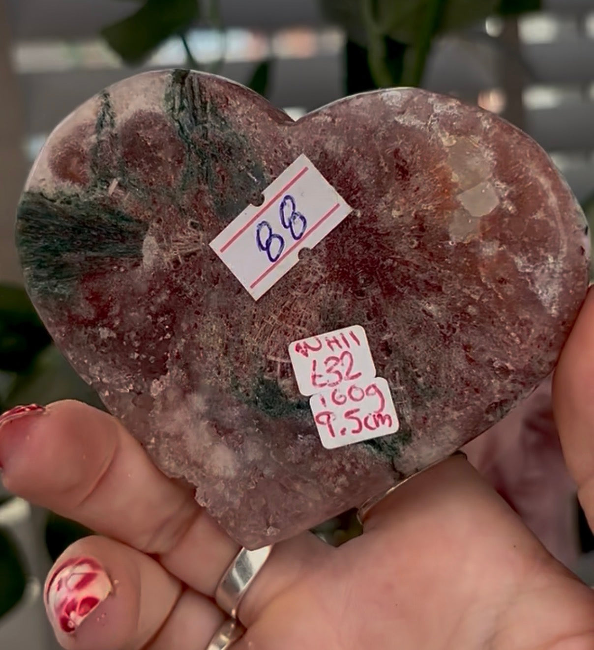 Beautiful pink amethyst heart with green Jasper  - comes with stand (9.5cm)