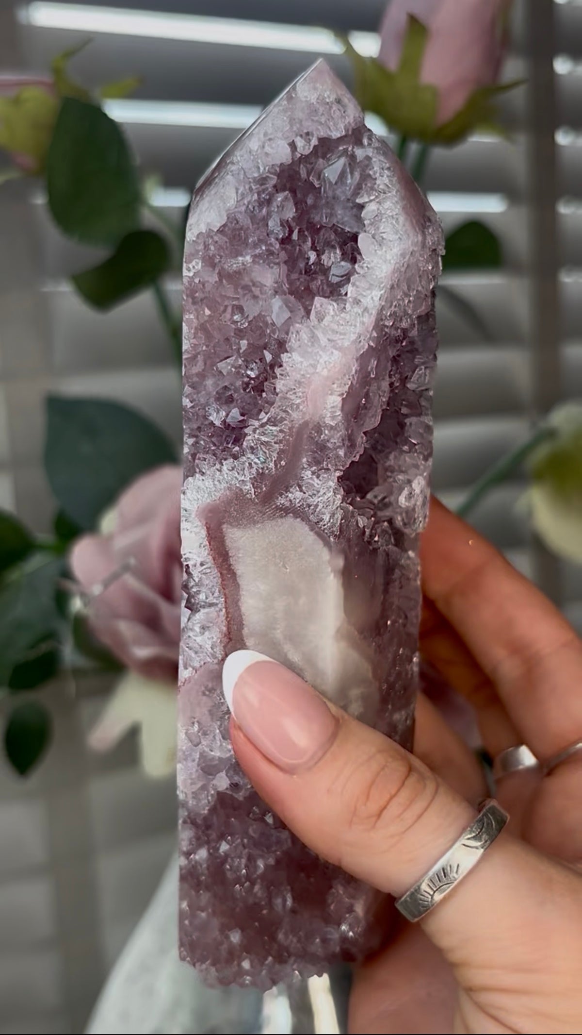 Beautiful, high quality, Pink amethyst tower with lilac quartz 18cm(h) by 4.5cm(w)