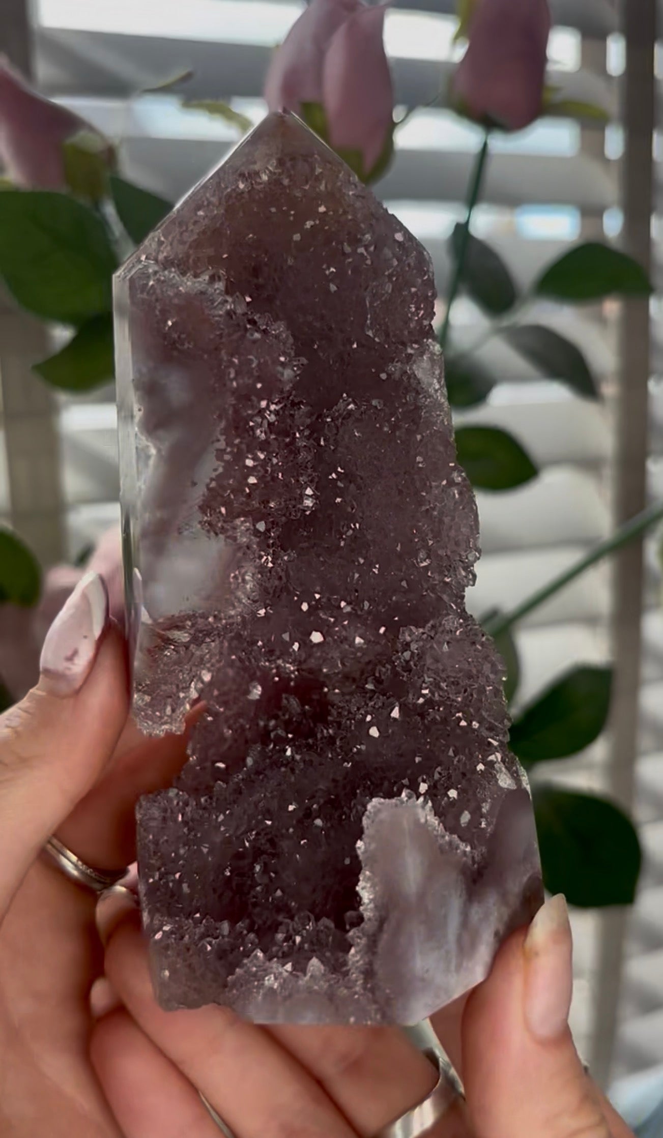 Beautiful, high quality, Pink amethyst tower in lilac tones with sugar druzy