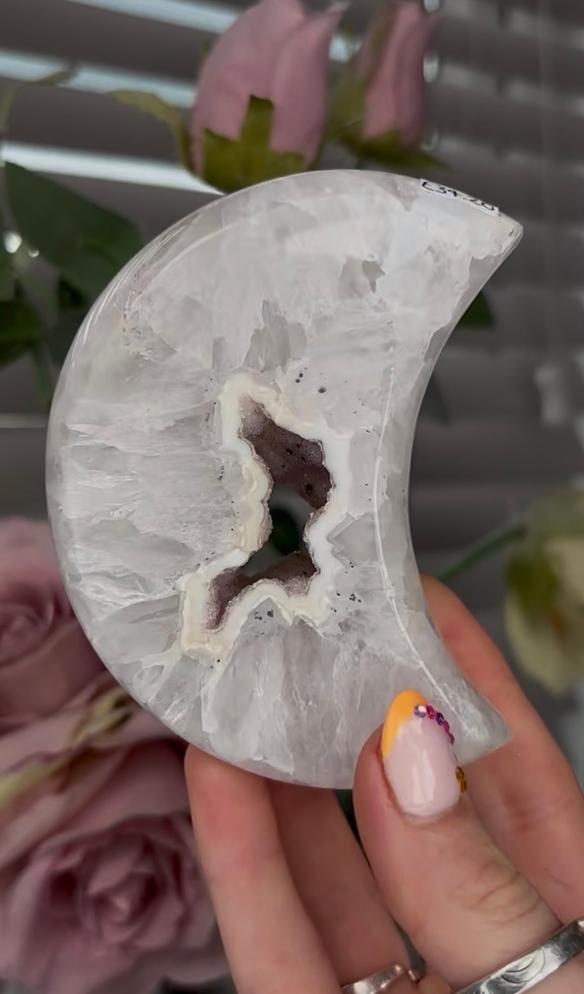 Beautiful, high grade, agate moon with druzy - comes with stand