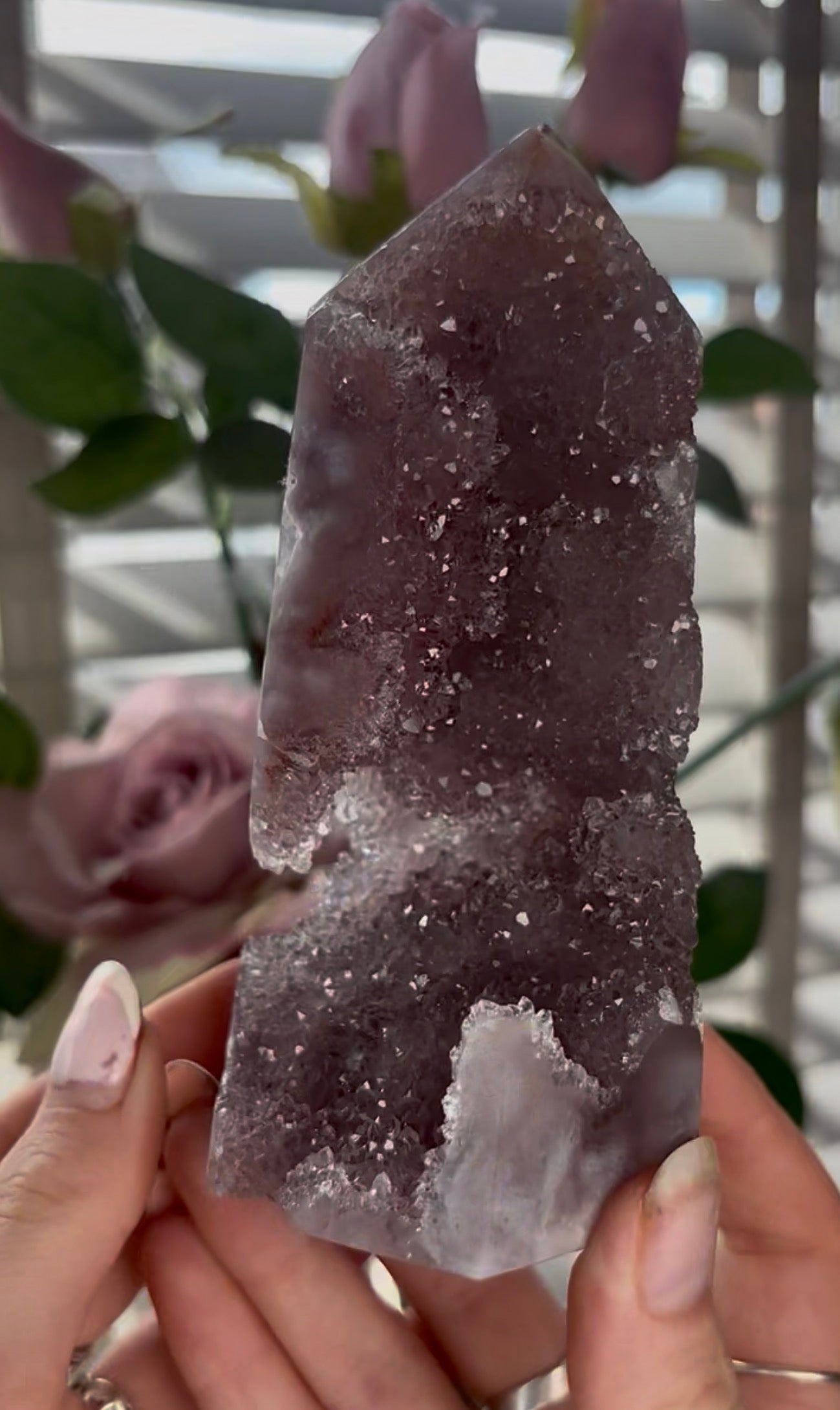 Beautiful, high quality, Pink amethyst tower in lilac tones with sugar druzy