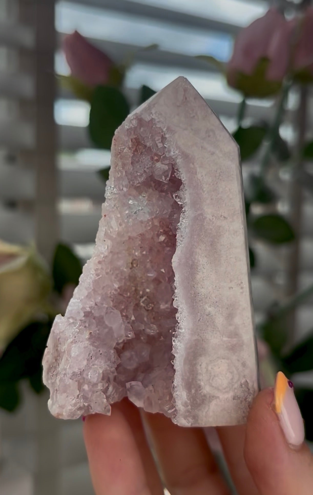 Pretty, baby Pink amethyst tower with Druzy