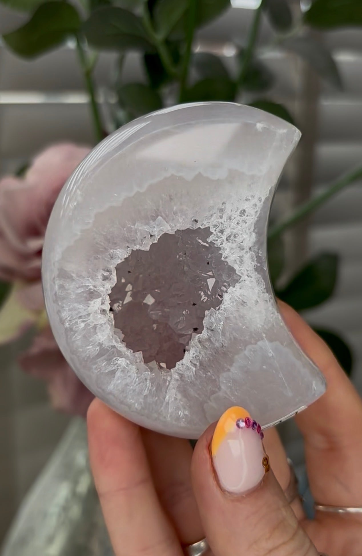 Beautiful, high grade, agate moon with druzy - comes with stand