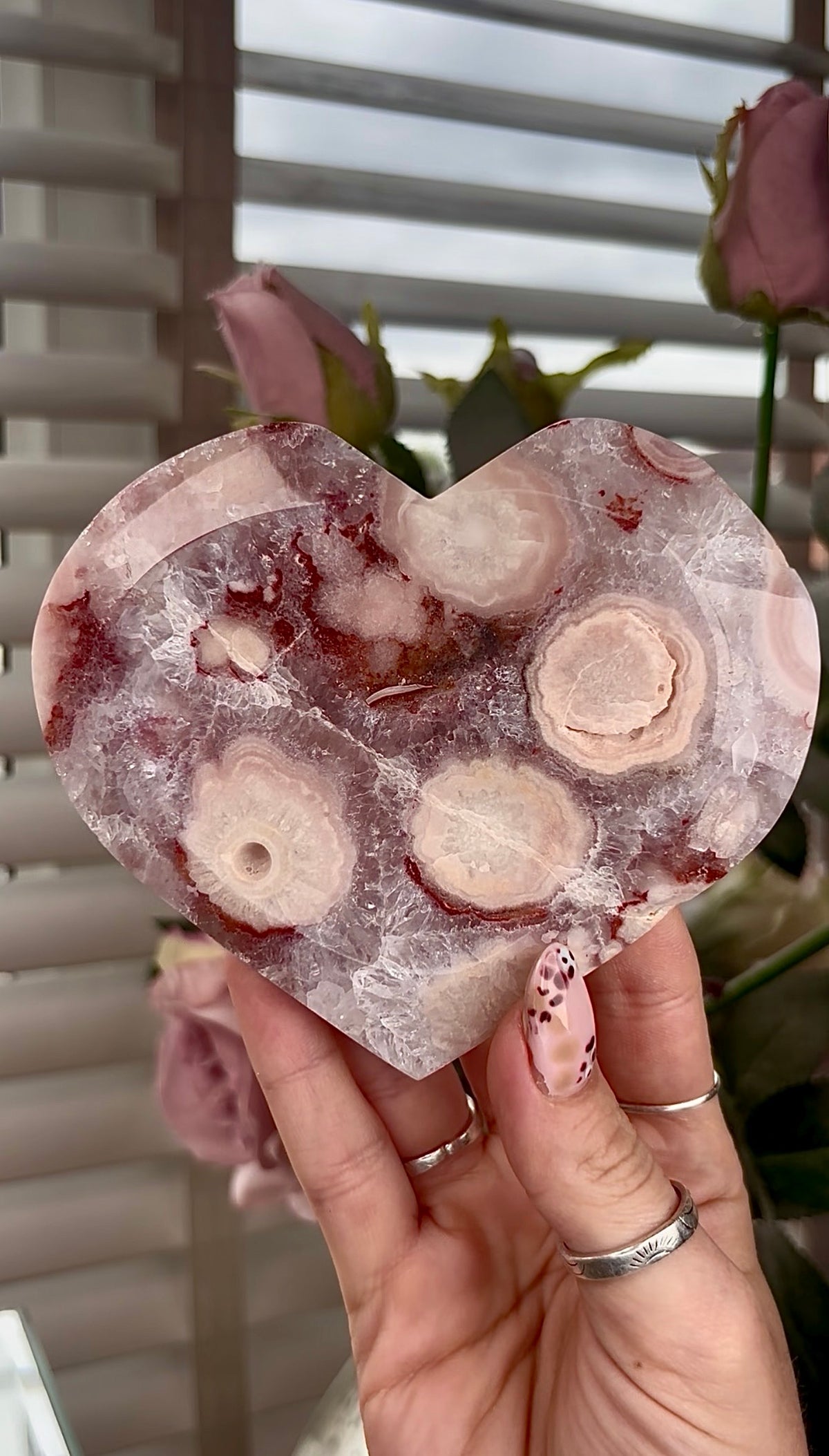 High grade, amethyst Flower agate heart with high clarity quartz