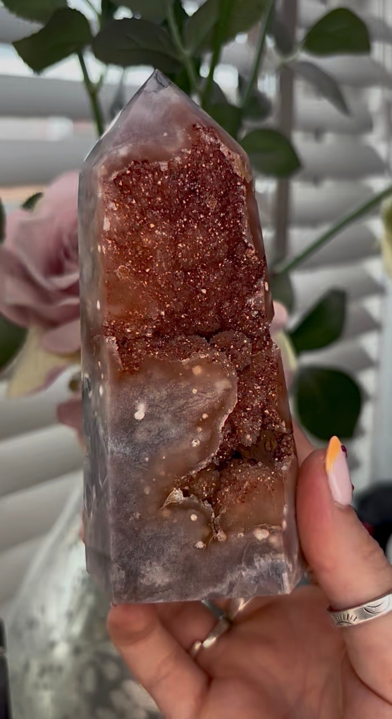 Beautiful, large, high quality, Pink amethyst tower with burnt orange/red druzy