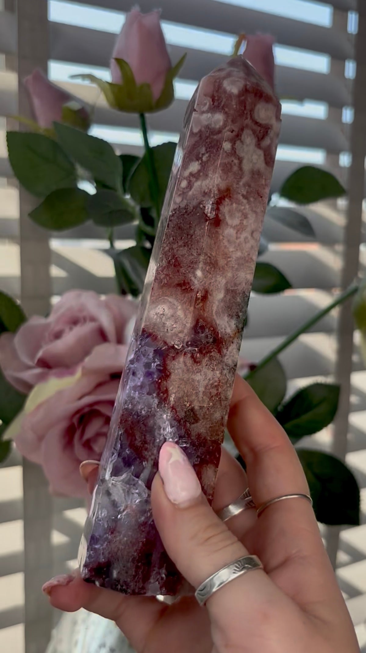 Beautiful, high quality, tall, Pink amethyst tower with purple quartz & red hematite - 20cm