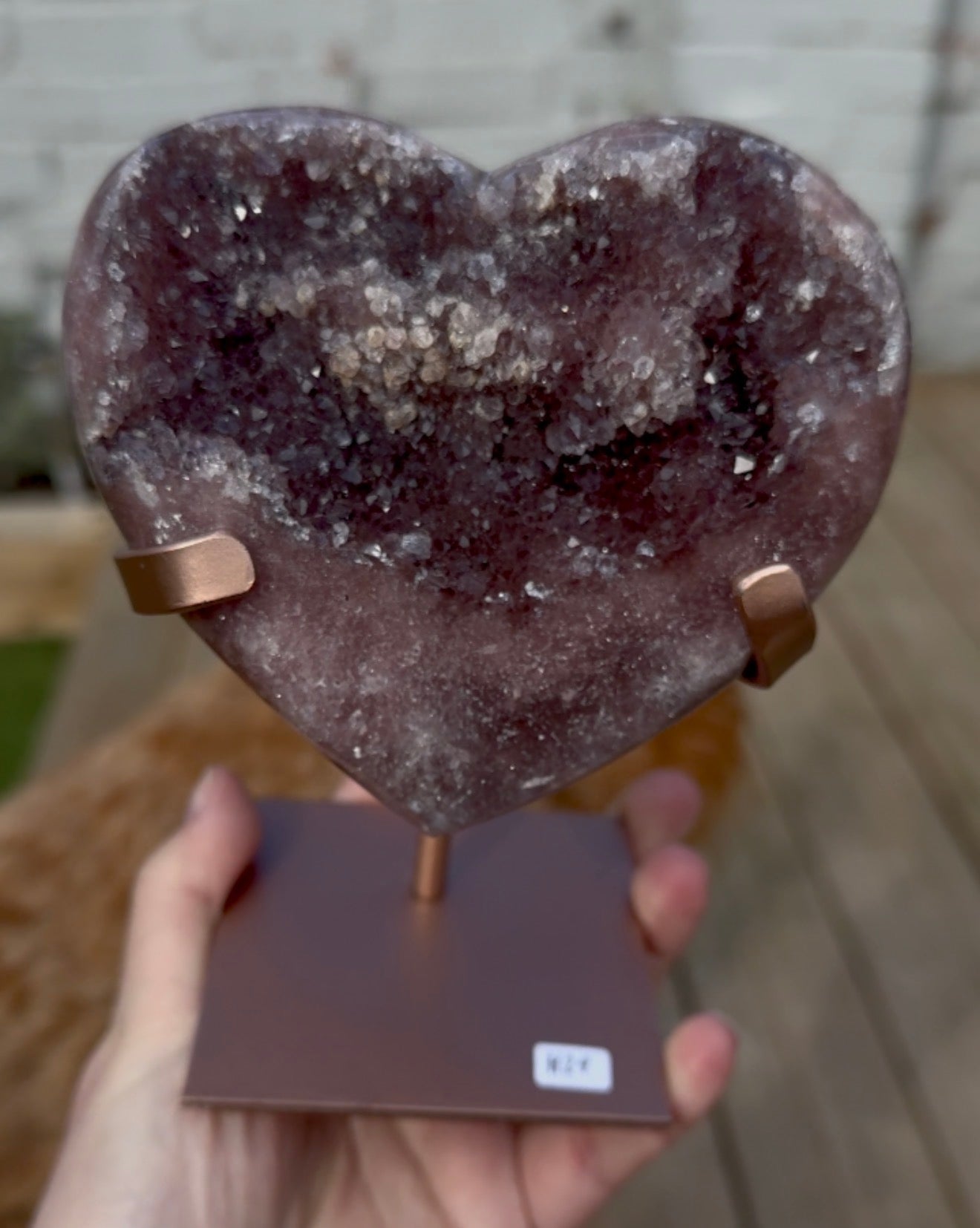 Hq pink amethyst heart  in a deep purple tone - comes with stand