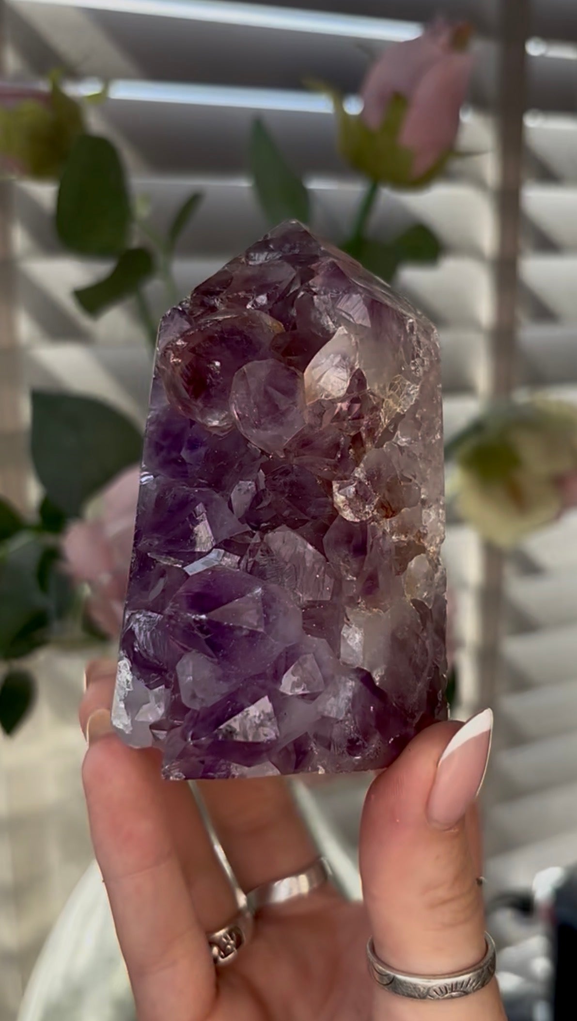 Beautiful, chunky Pink amethyst tower with purple quartz 9.5cm(h) by 6cm(w)