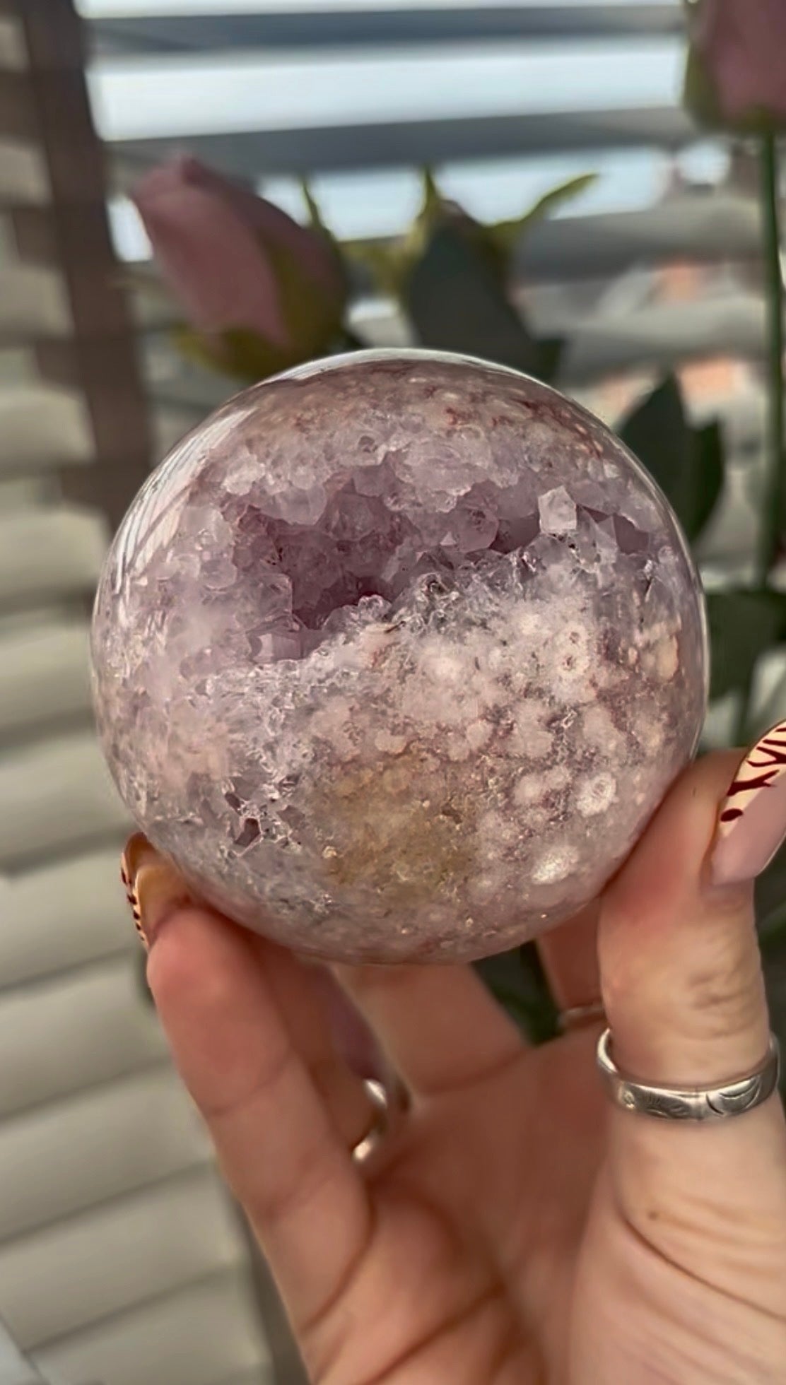 High grade, amethyst Flower agate sphere with druzy quartz- 7.2cm wide