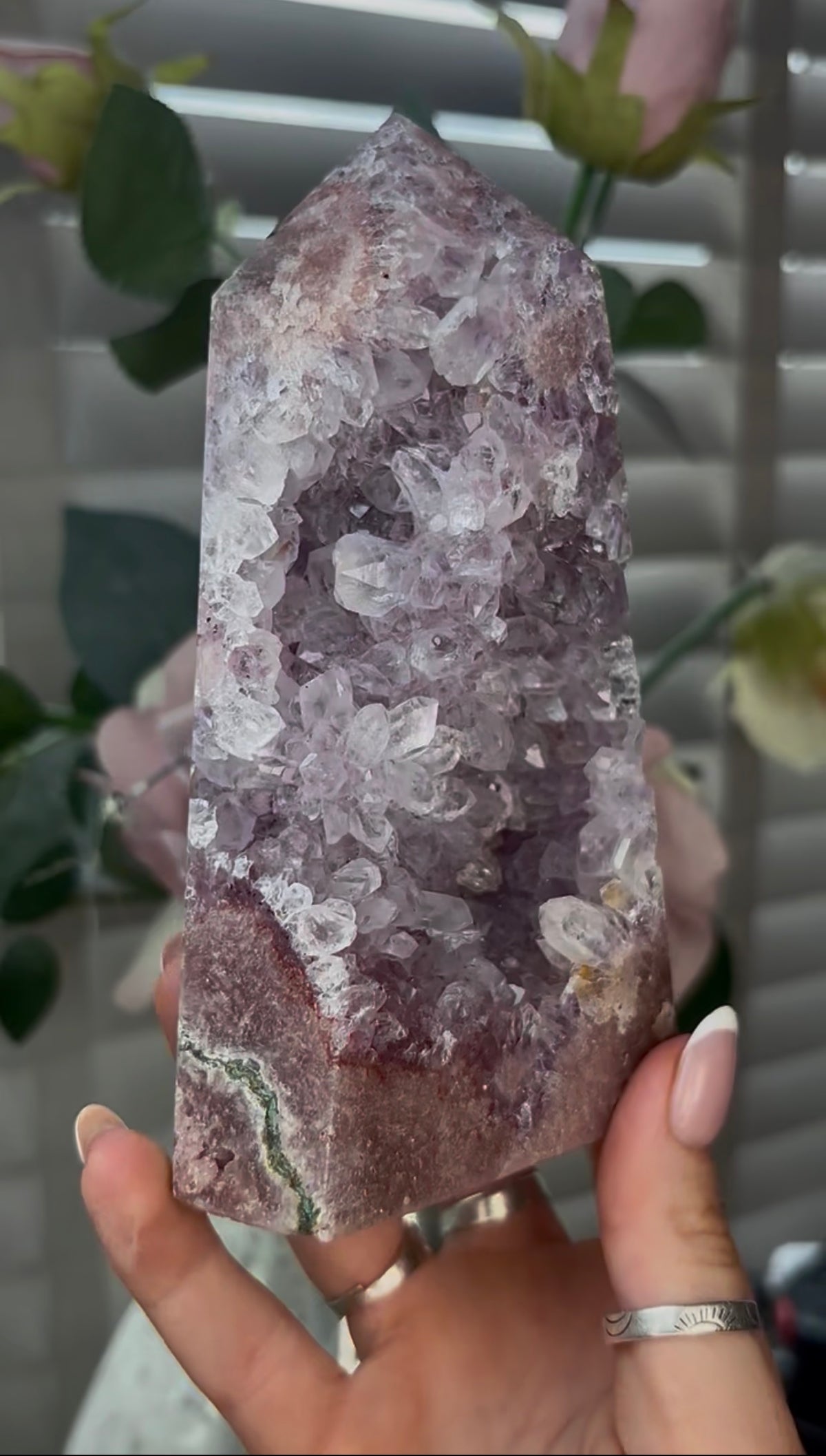 Beautiful, high quality, Pink amethyst tower with lilac quartz druzy teeth  14.7cm(h) by 8cm(w)