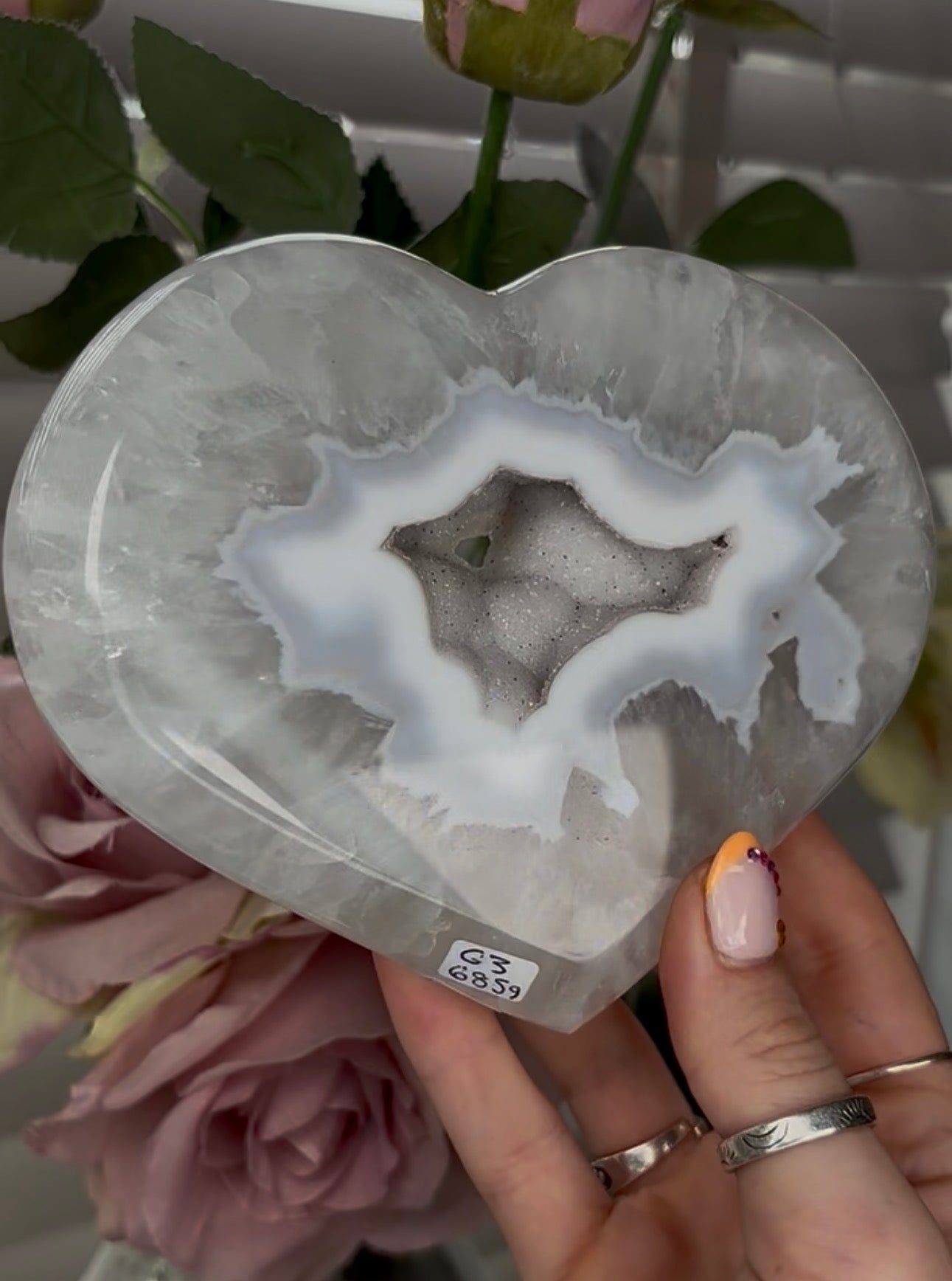 Beautiful, high grade, agate heart with druzy - comes with stand