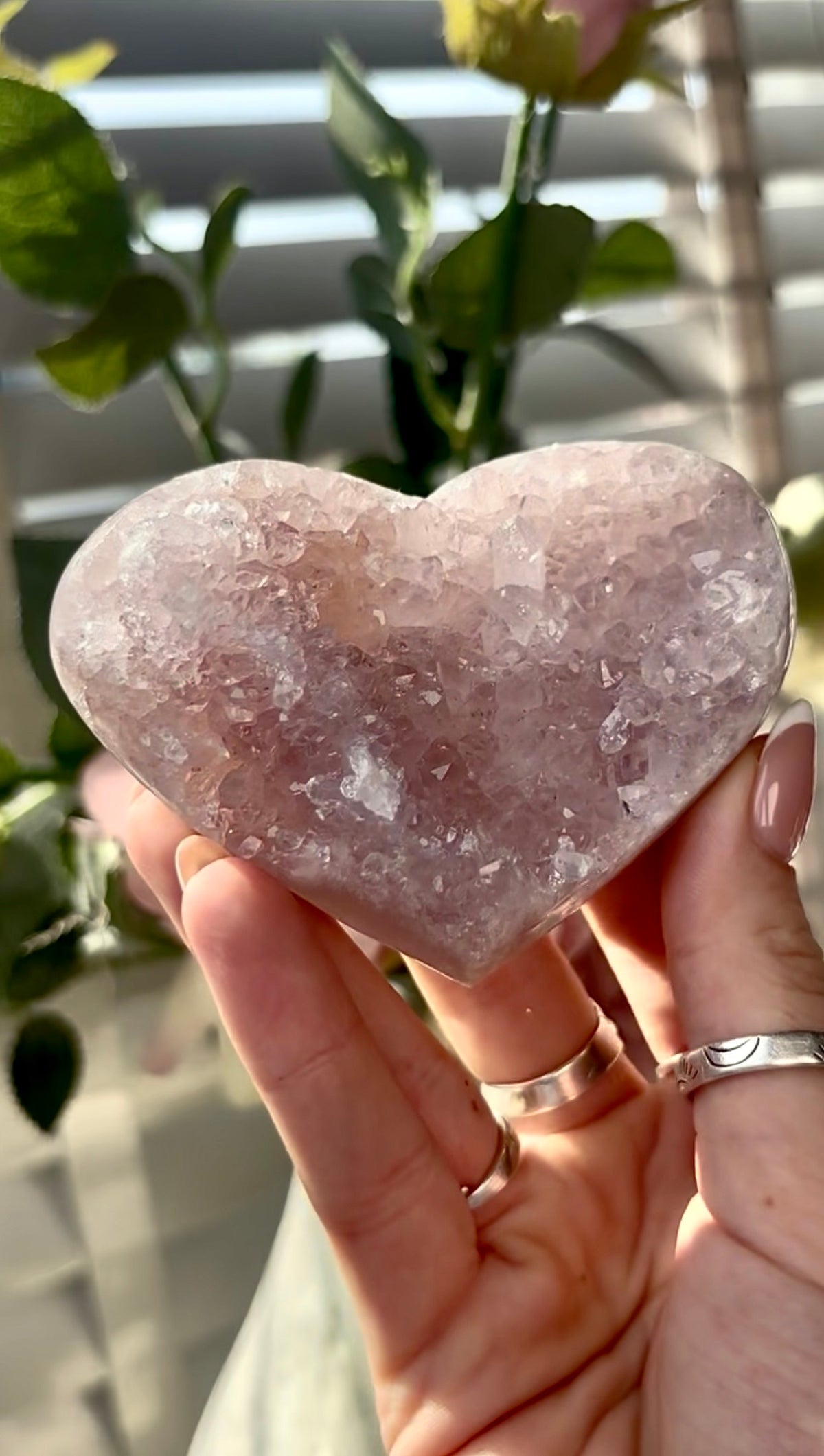 Gorgeous, high quality, pink amethyst quartz heart- comes with stand