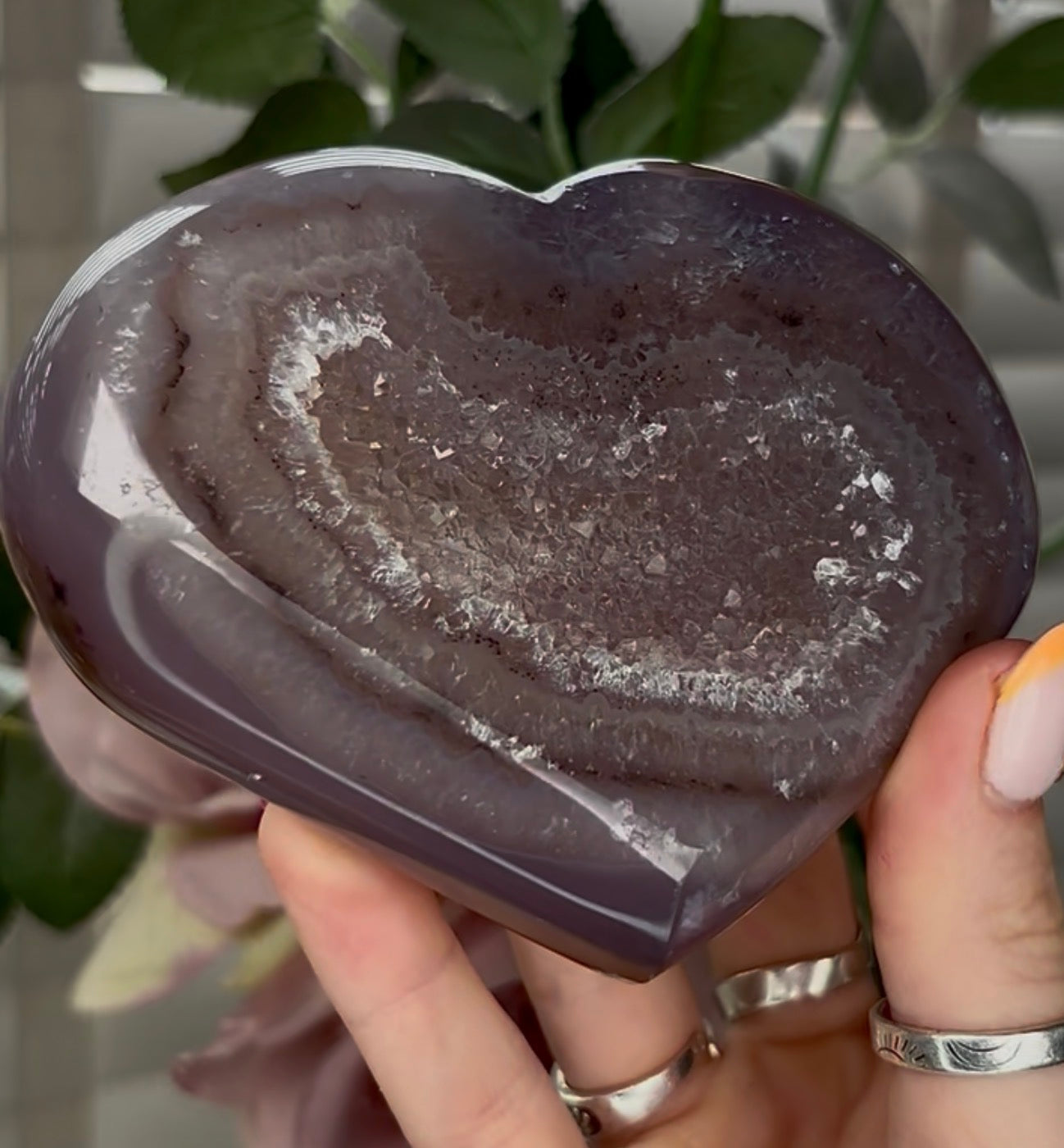 Beautiful, high grade, agate heart with druzy - comes with stand