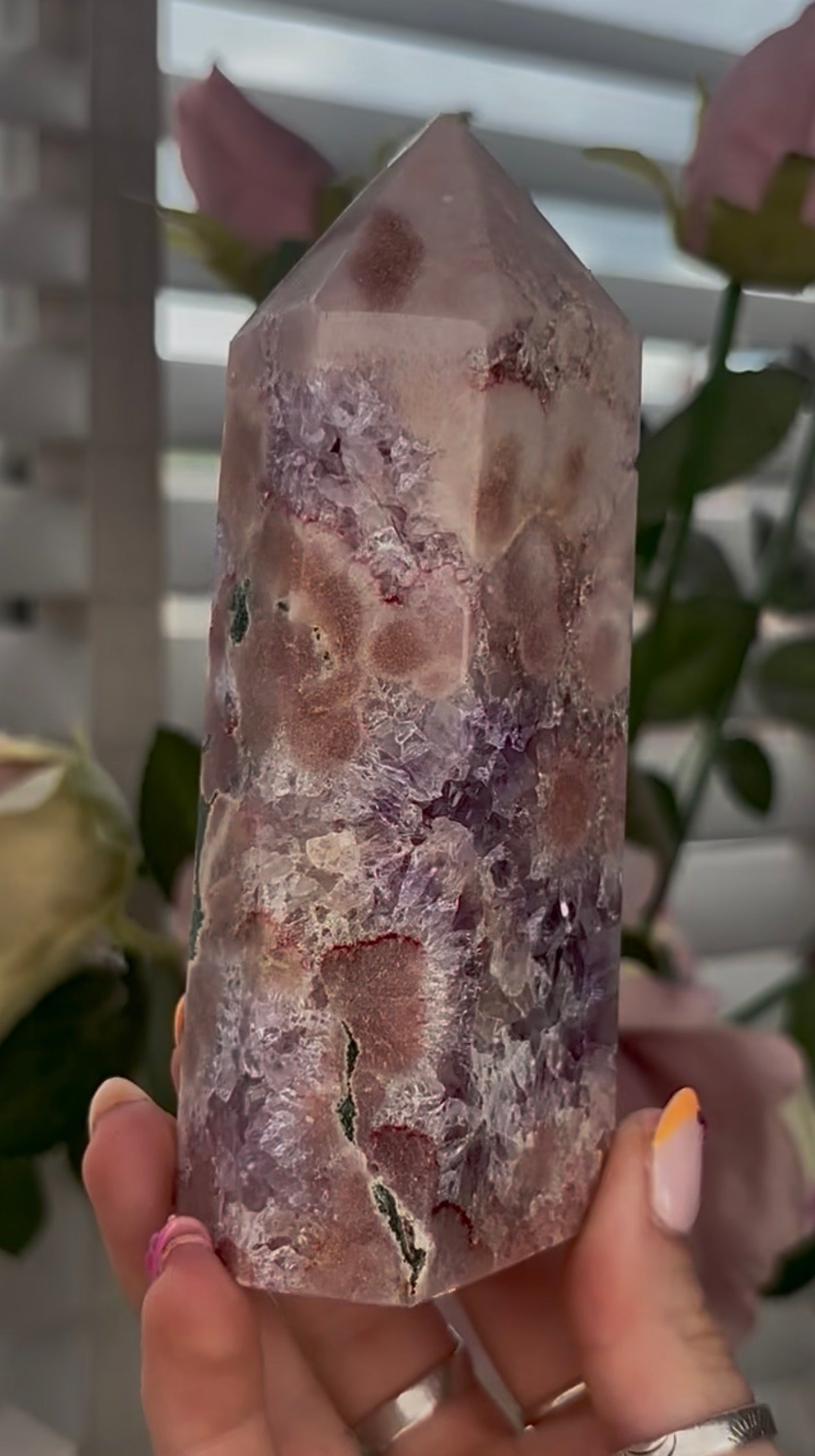 Pretty, Pink amethyst tower, with purple quartz druzy