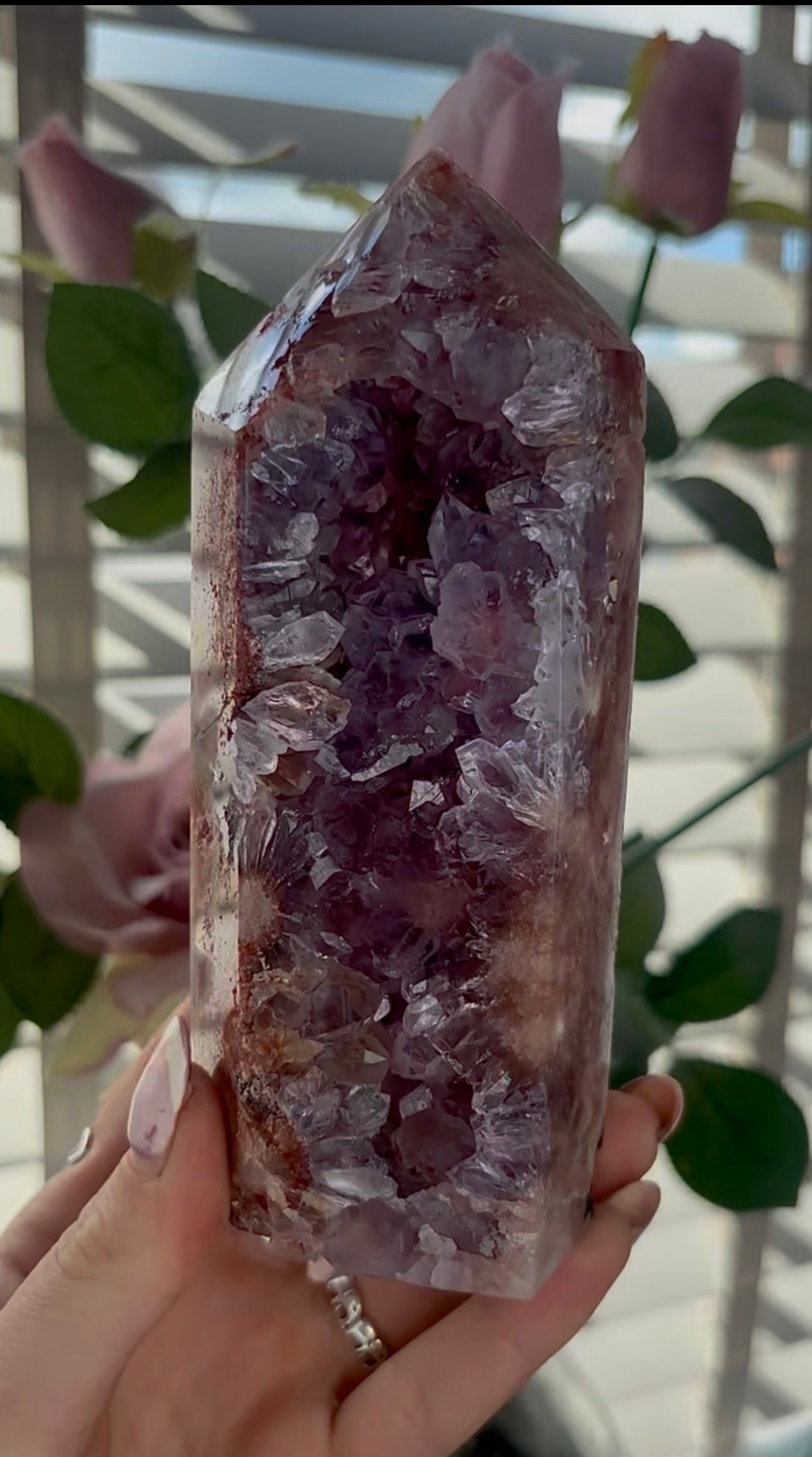 Beautiful, high quality, Pink amethyst tower with purple quartz