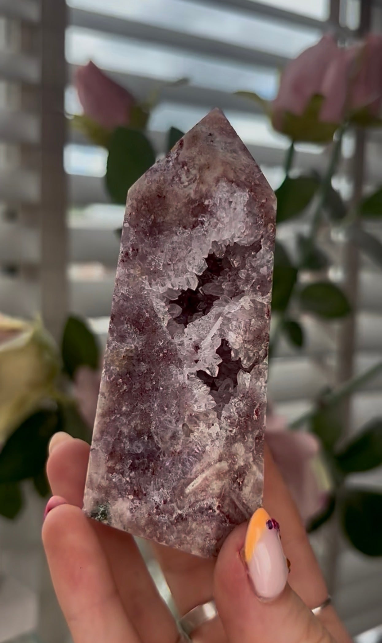 Pretty, Pink amethyst tower with Druzy & green Jasper
