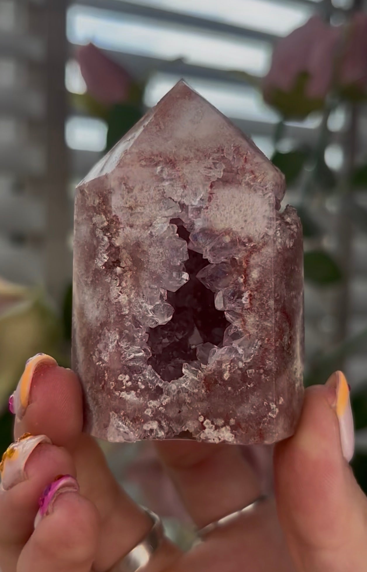 Beautiful, Pink amethyst tower with quartz druzy