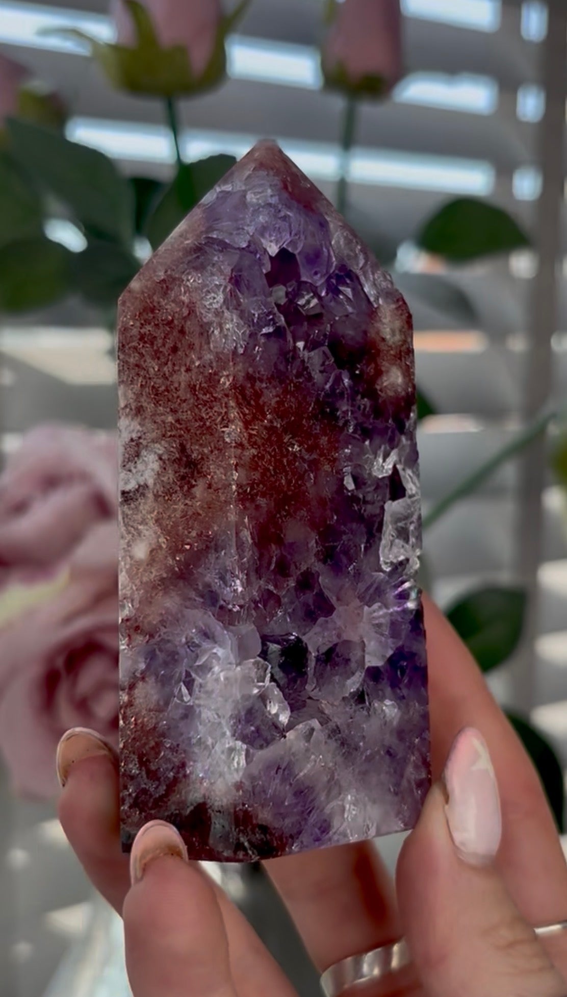 Beautiful, high quality, Pink amethyst tower with red tones, purple quartz & Green jasper 11cm