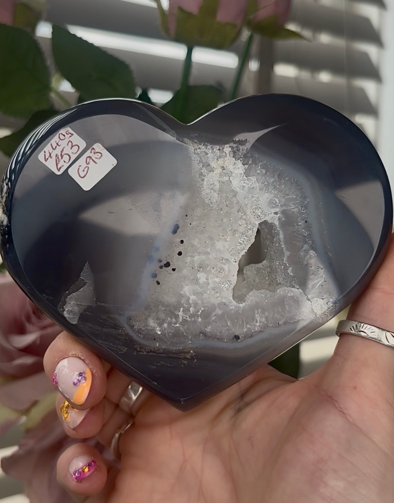 Beautiful, high quality, blue agate heart with druzy - stand included