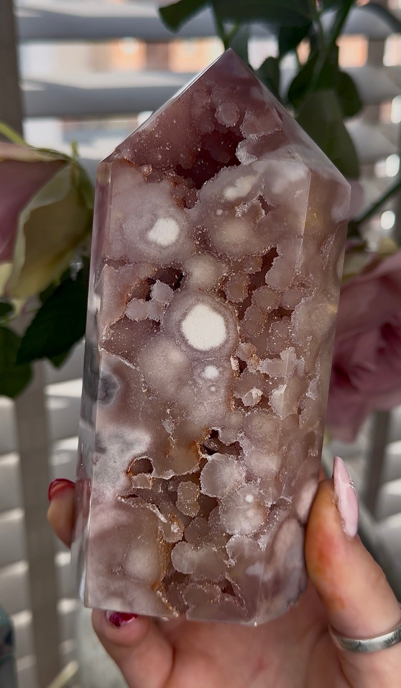 High quality Pink amethyst tower with bubble druzy