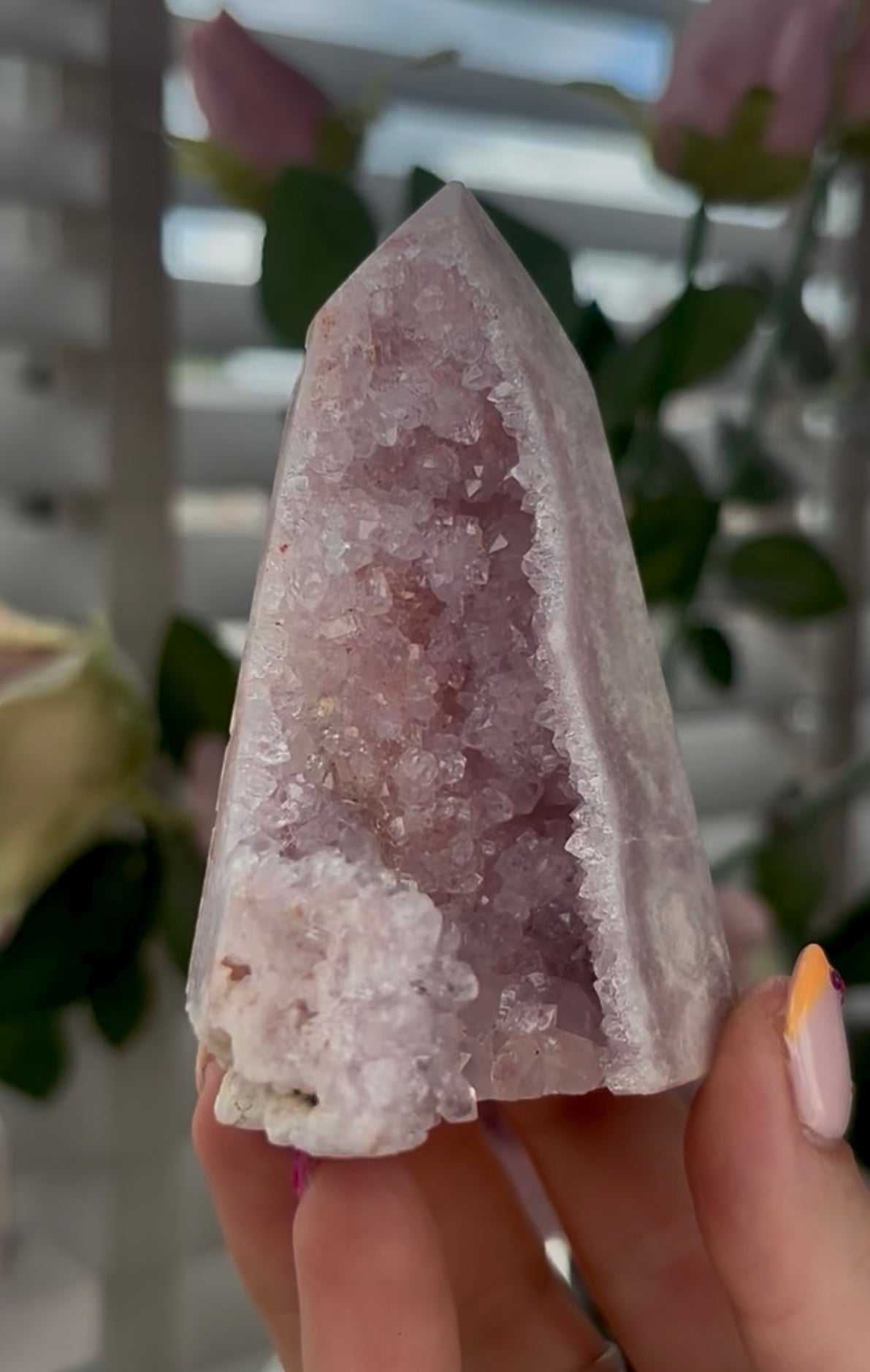 Pretty, baby Pink amethyst tower with Druzy