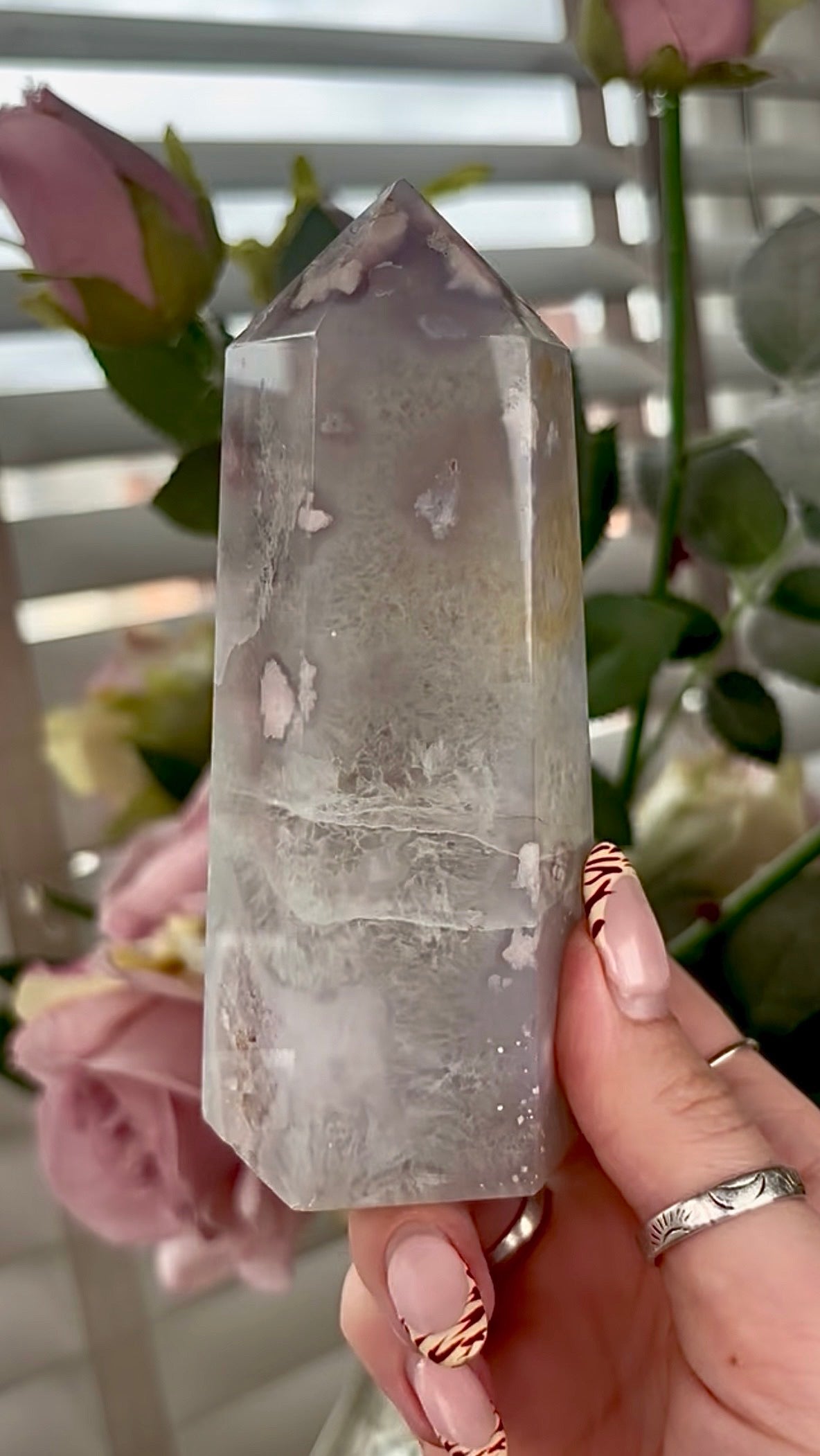 Stunning!! Super high quality, Druzy, green chlorite x blue flower agate tower