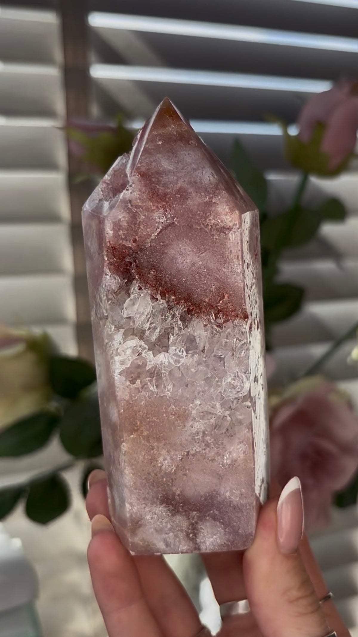 Beautiful, Pink amethyst tower with quartz 12.5cm(h) by 5cm(w)