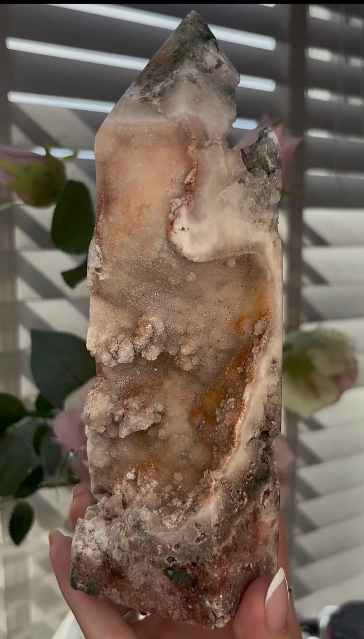 Beautiful, Pink amethyst tower with Jasper 19.5cm(h) by 7.5cm(w)