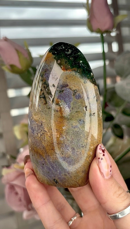 High quality, pastel blue, green & mustard ocean jasper Freeform - 10cm (h)