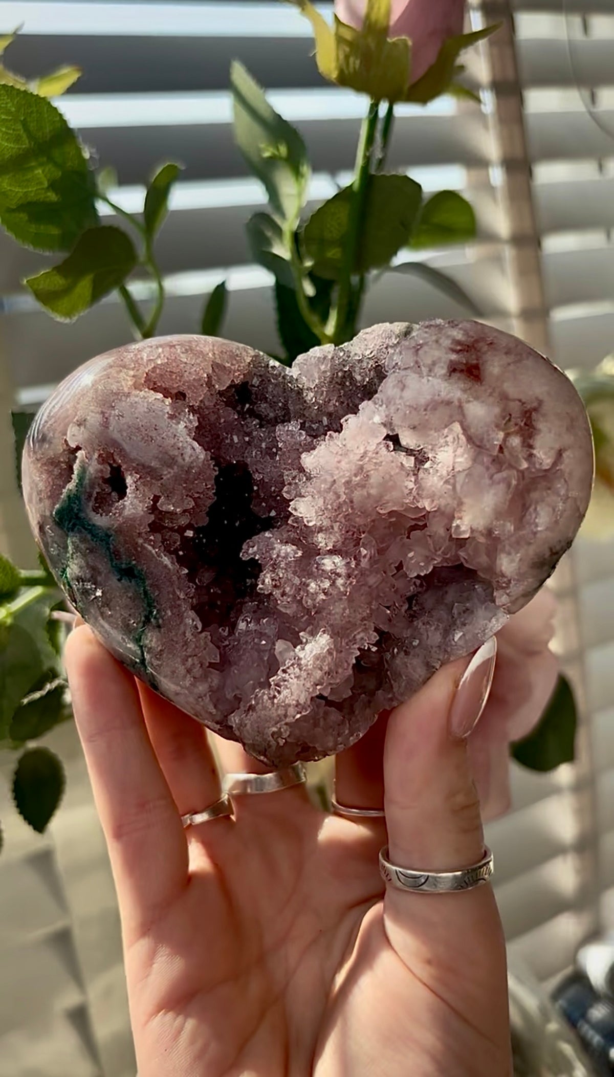 Gorgeous, pink amethyst  heart with Jasper -comes with stand