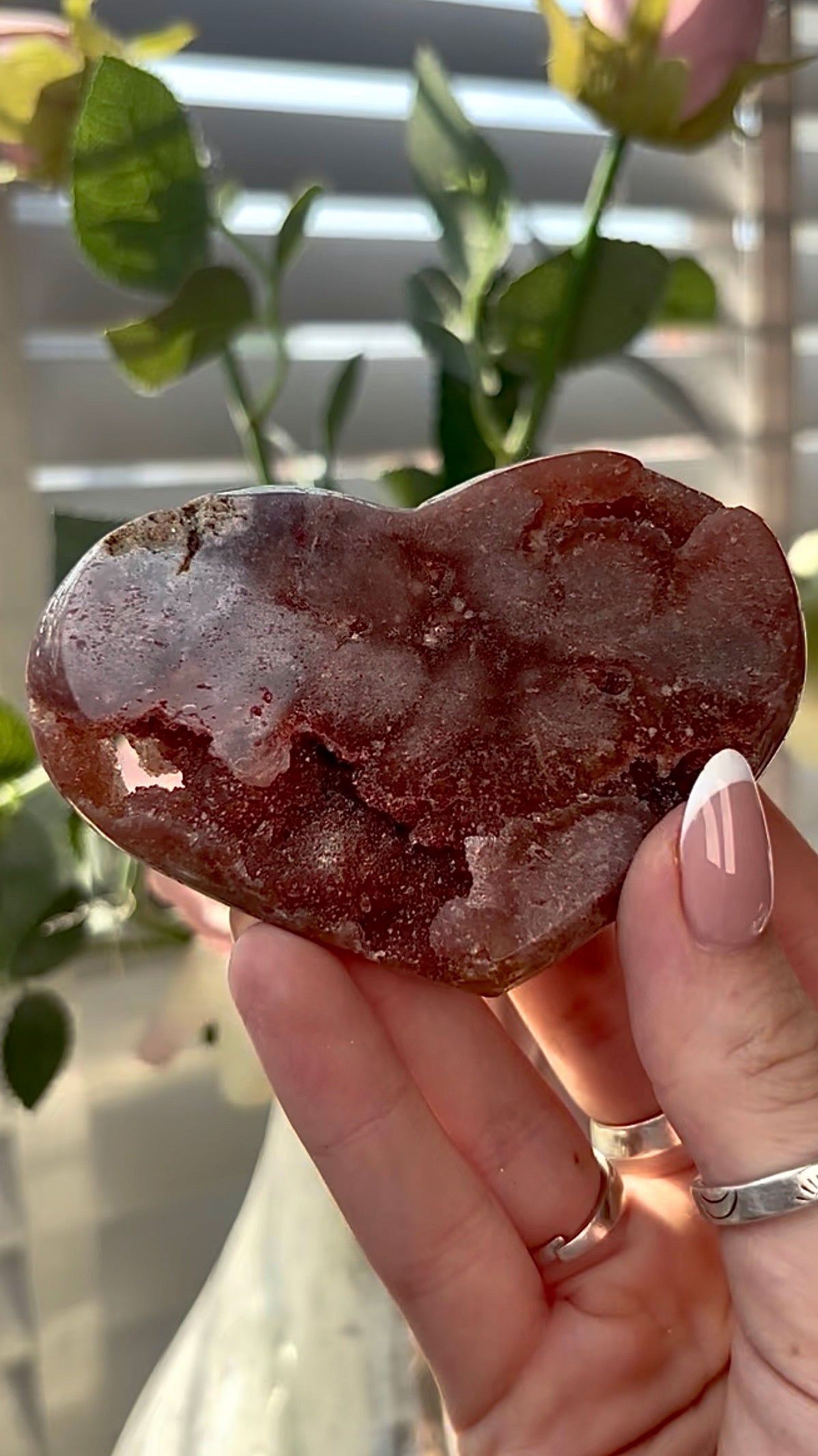 Gorgeous, high quality, berry red pink amethyst heart- comes with stand