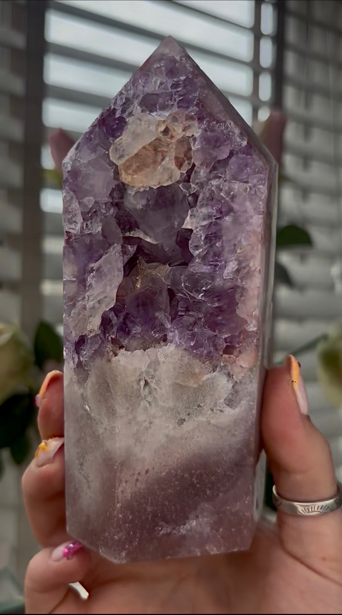 High quality, Pink amethyst tower, with purple quartz druzy