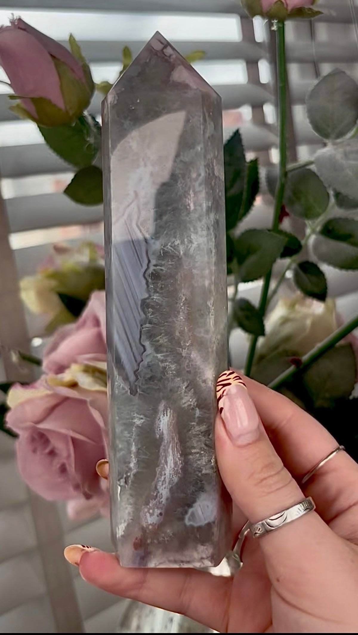 Stunning!! Super high quality, Druzy, green chlorite x blue flower agate tower